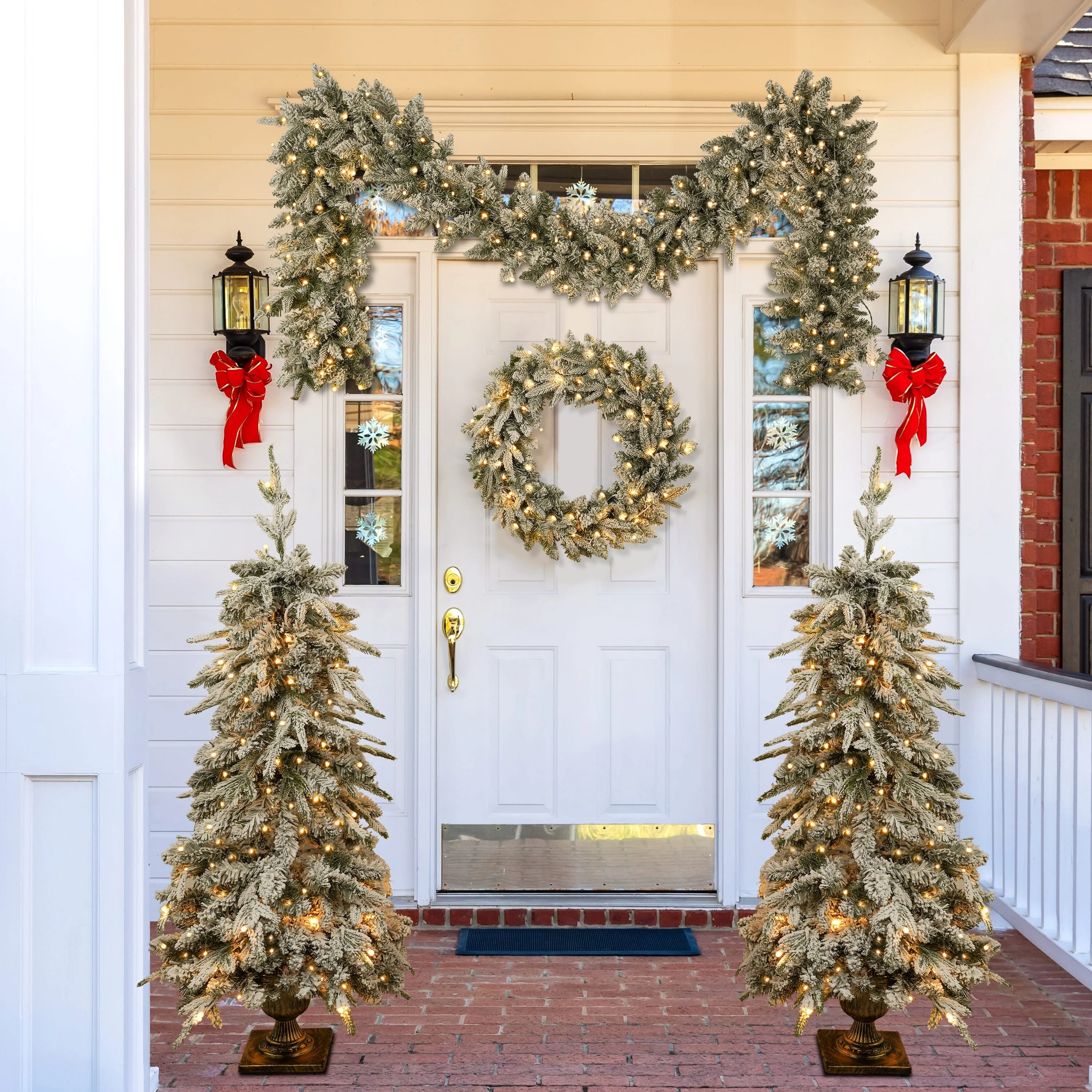 4-Piece Pre-lit Christmas Tree Set with Warm White LED Lights, Garland, Wreath & Entrance Trees for Holiday Home Decoration