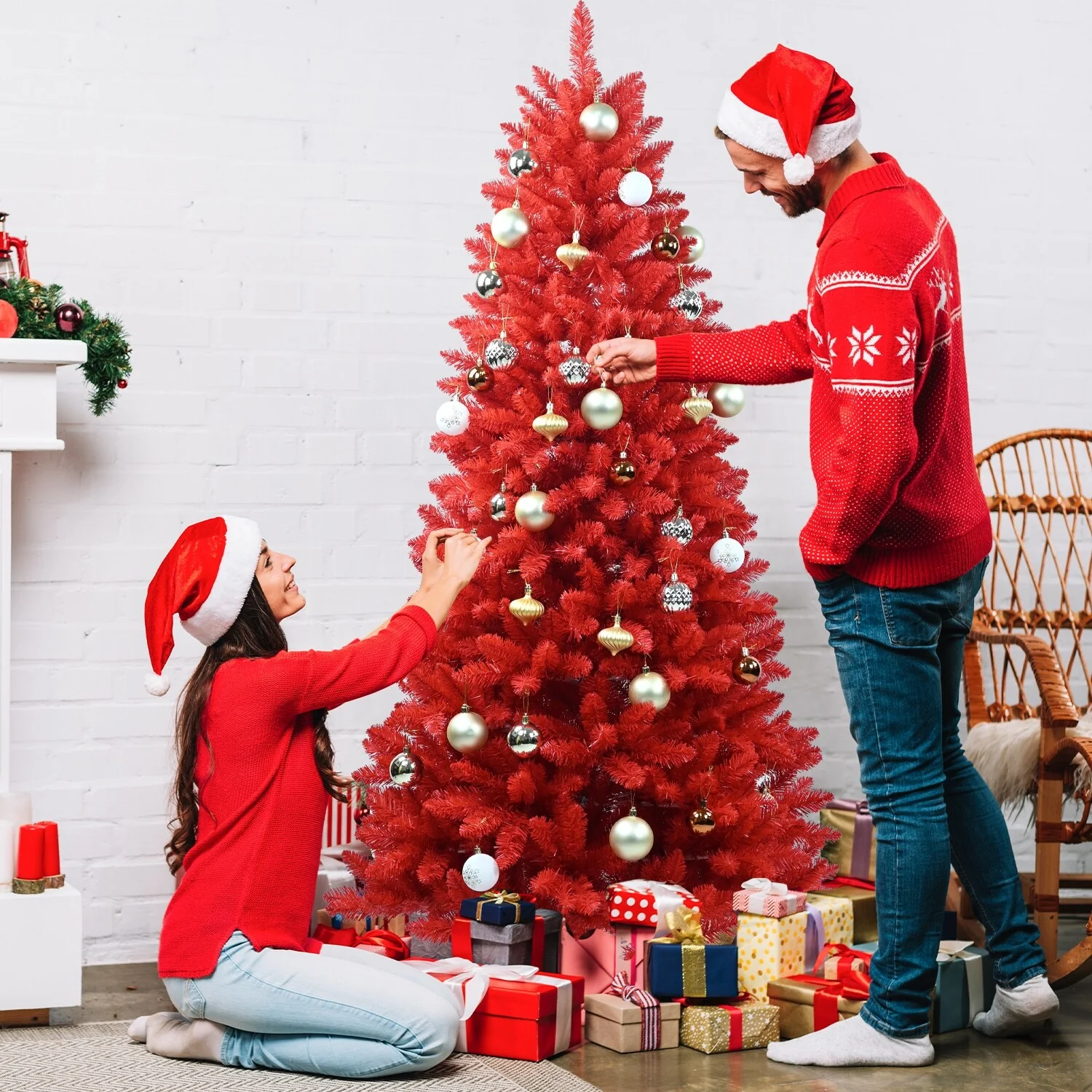 5FT Red Christmas Tree-Pure Red PVC Tree with 624 Tips, Hinged Branches for Easy Setup, Stable Metal Stand