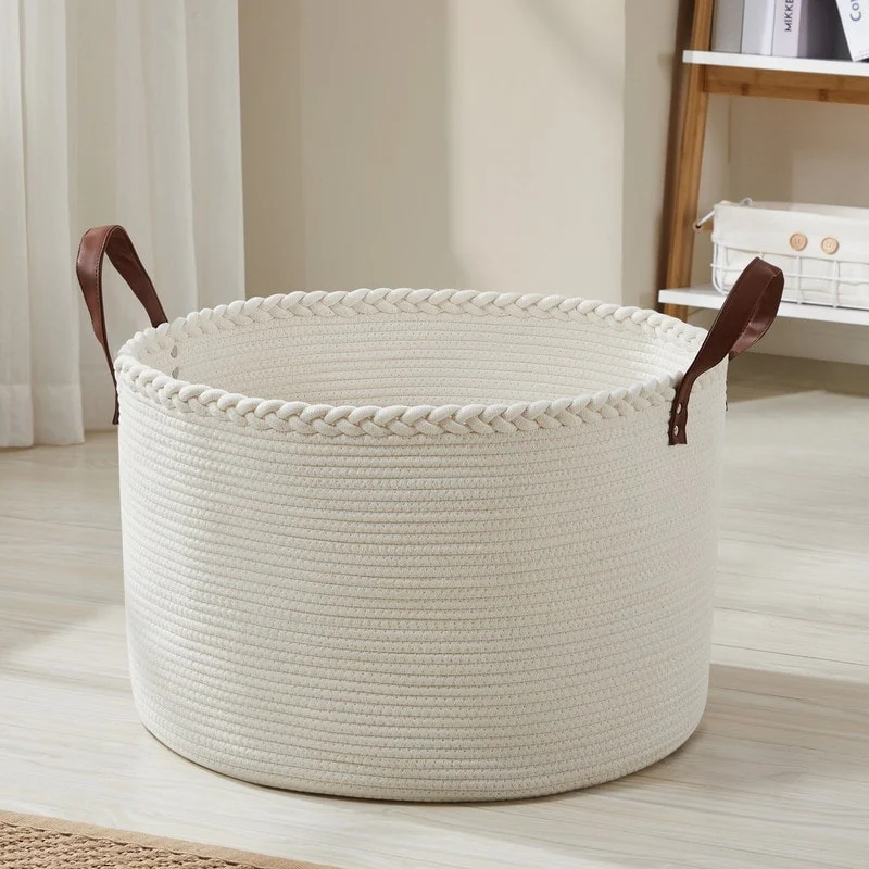 Large Round Cotton Rope Storage Basket Laundry Hamper with Leather Handles, 21 x 21 x 14 - 21