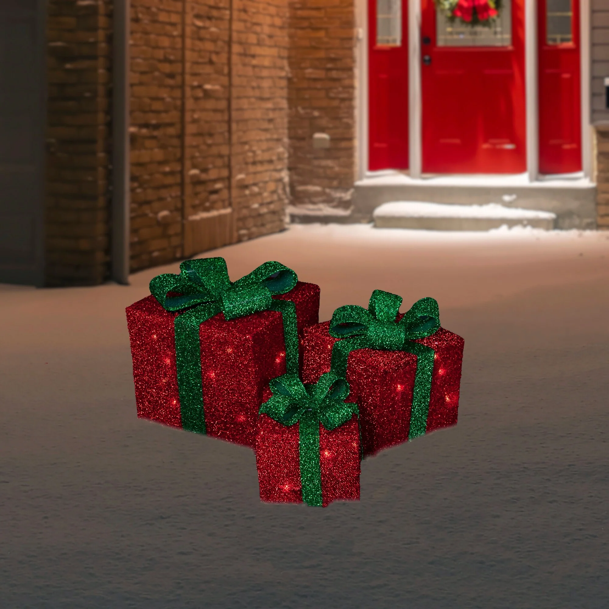 Set of 3 Lighted Sparkling Green Sisal Gift Boxes Christmas Outdoor Decorations. - 11.75