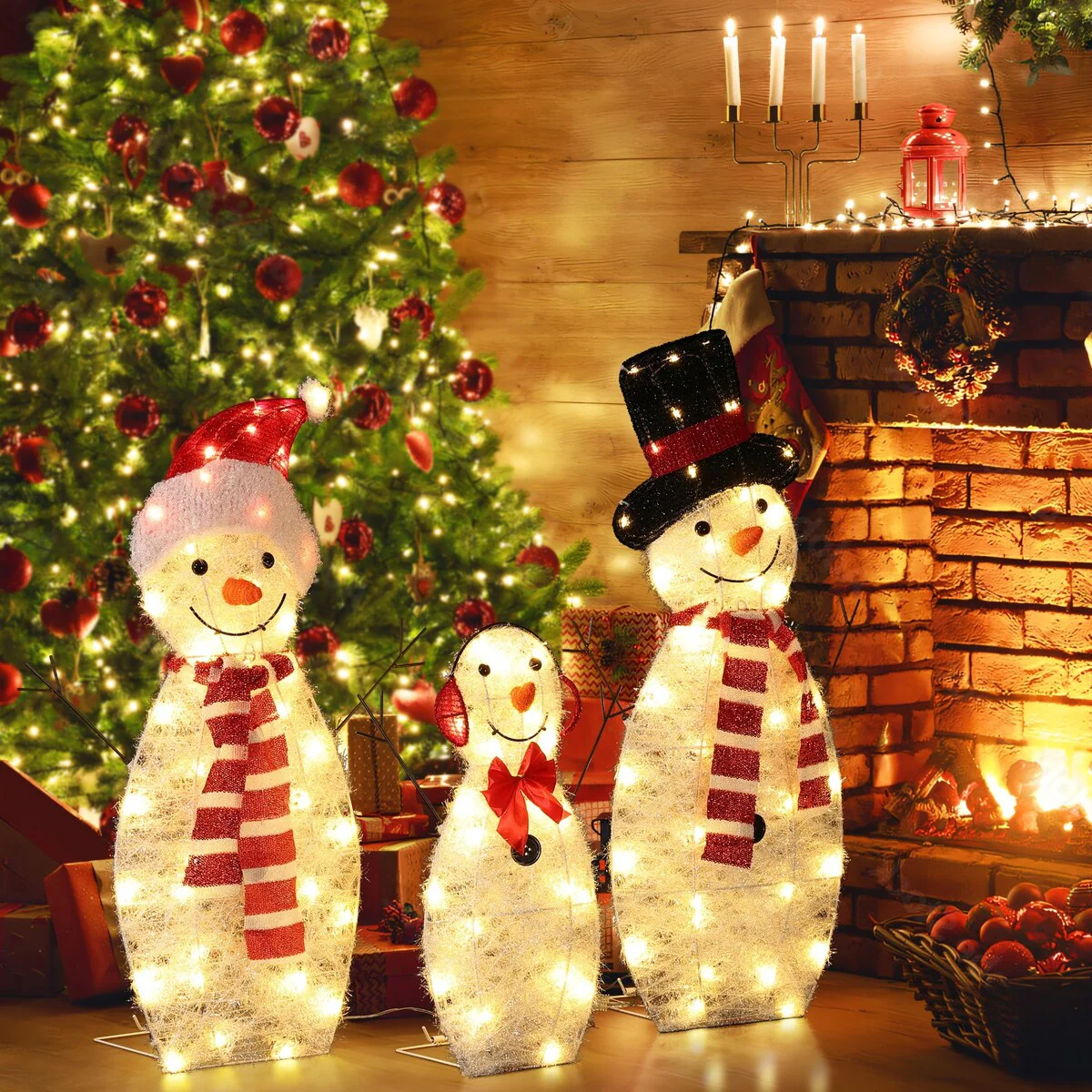 Snowman Family Trio Indoor and Outdoor Holiday Decoration with Lights - Multi-Color/White