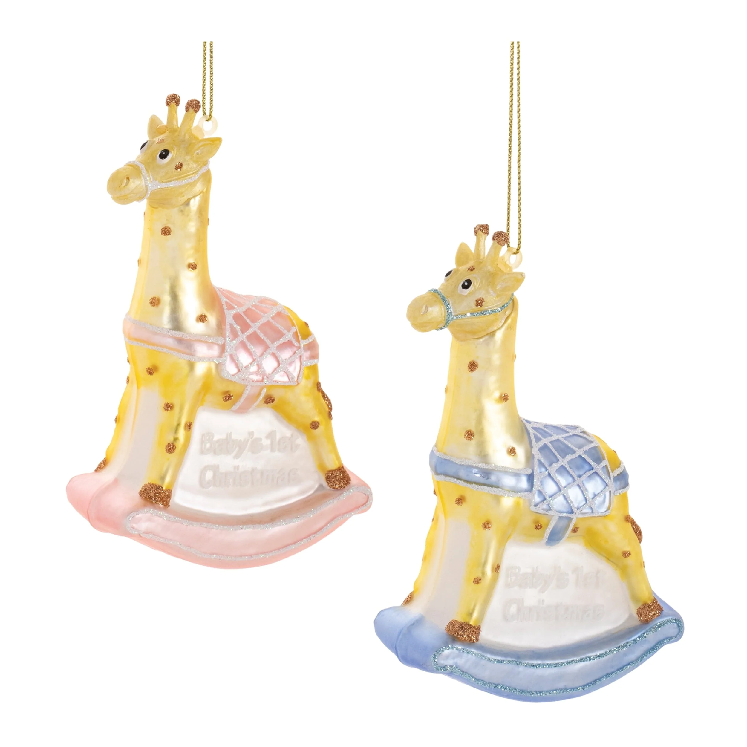 Set of 12 Baby’s 1st Christmas Giraffe Ornaments Glass Rocking Horse Keepsakes Tree Decorations - 3.25”L x 1.5”W x 4.75”H