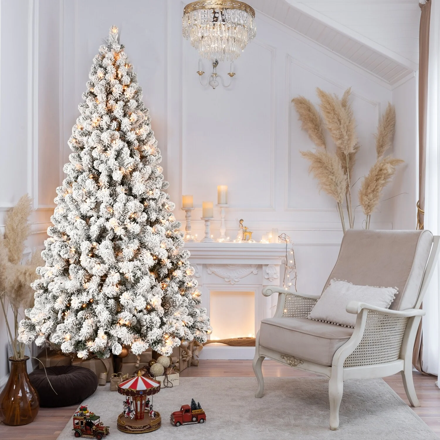 5ft Flocked Pre-Lit Christmas Tree with 200 UL Warm White Lights,551 PVC Tips,Auto-Unfold Memory Wire, Easy Assembly