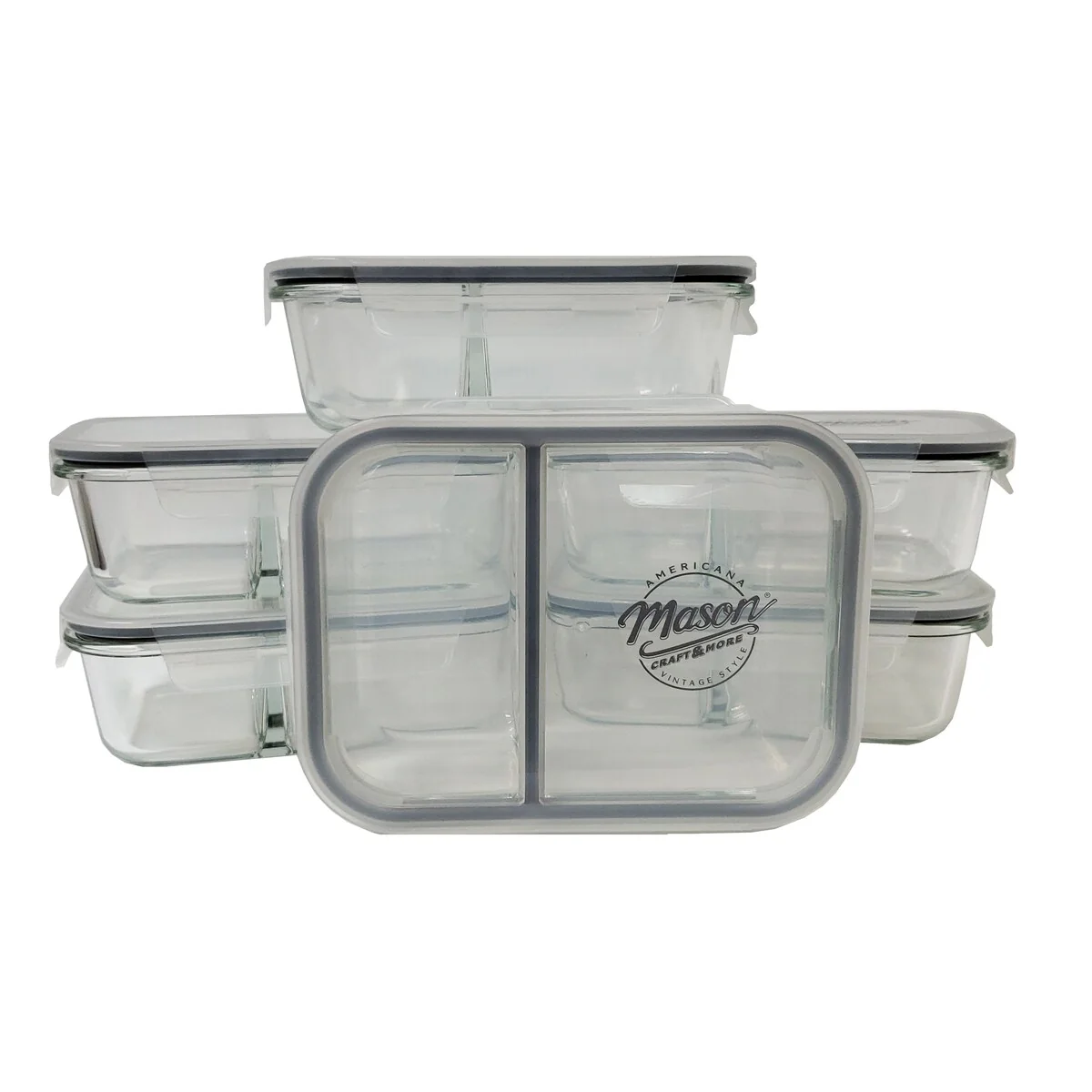Mason Craft & More 33oz Rectangular 2.5 Section Glass Food Storage with Gray Gasket - Set of 6