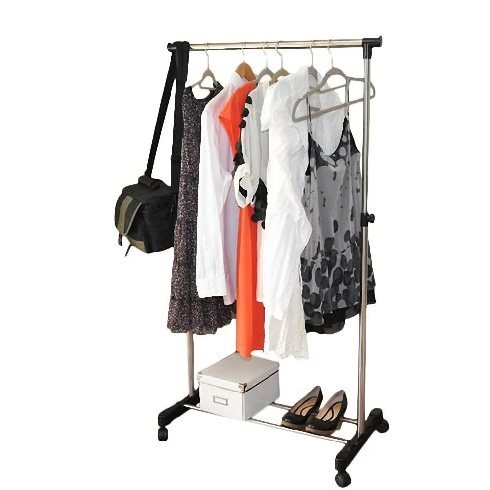 Single/Dual-bar Vertical & Horizontal Stretching Stand Clothes Rack with Shoe Shelf