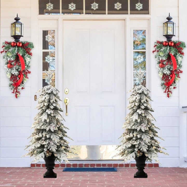 Glitzhome 4FT/5FT Pre-Lit Flocked Fir Artificial Christmas Potted Porch Trees