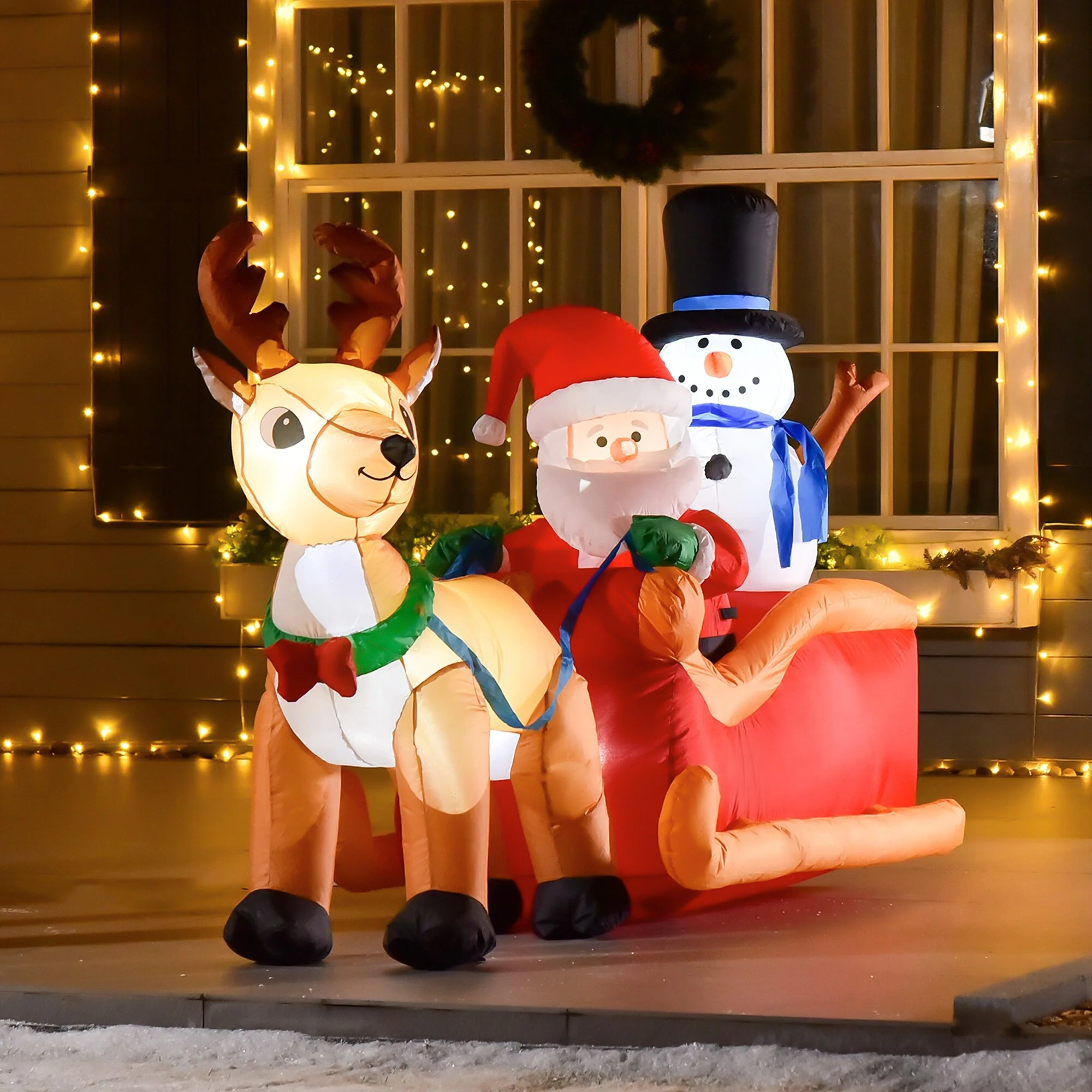 HOMCOM 4.2 ft. Inflatable Santa and Reindeer Decoration, Inflatable Snowman Christmas Decoration - 78.75