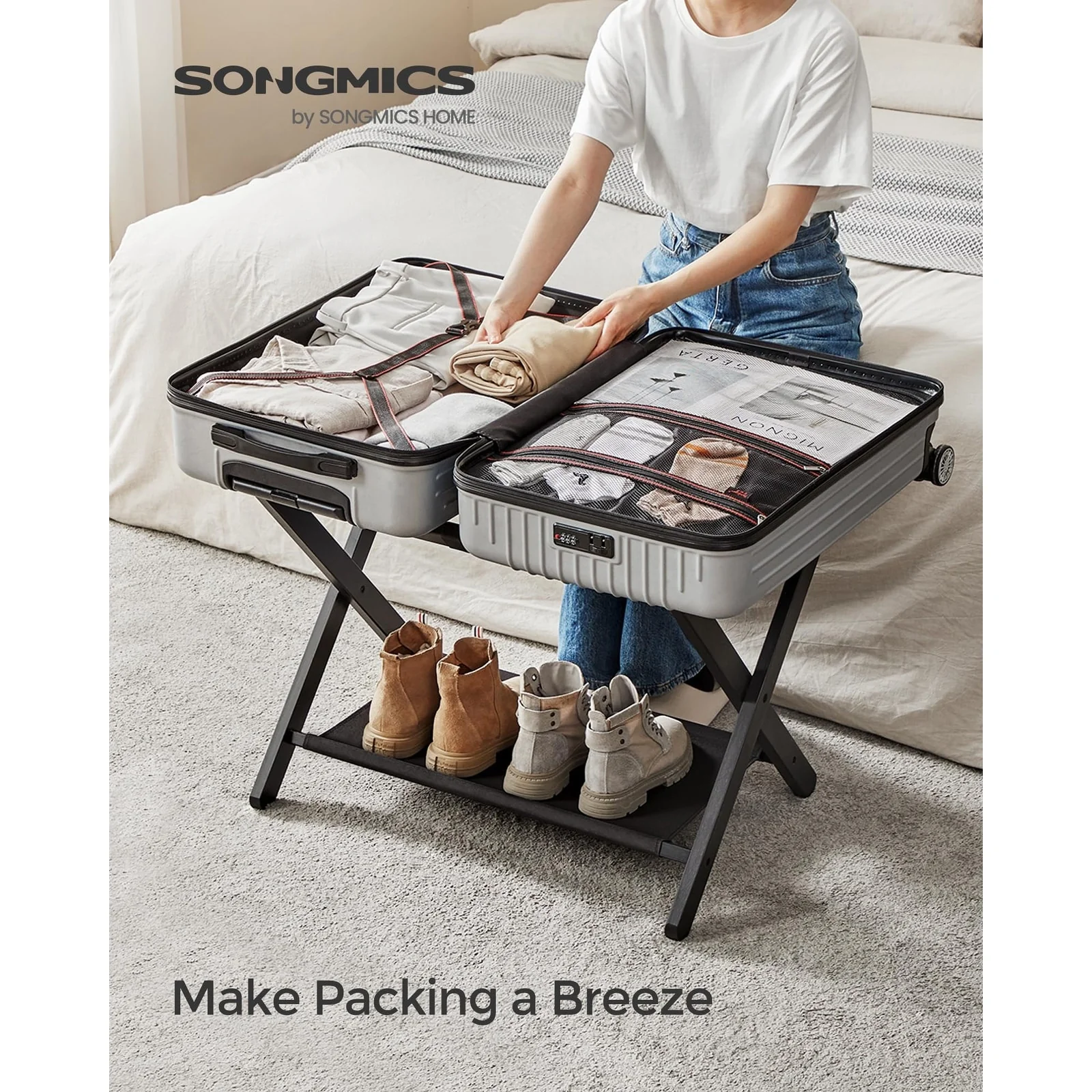 Luggage Rack, Set of 2, Folding Suitcase Stand with Storage Shelf, for Guest Room,Heavy-Duty, Holds up to 131 lb
