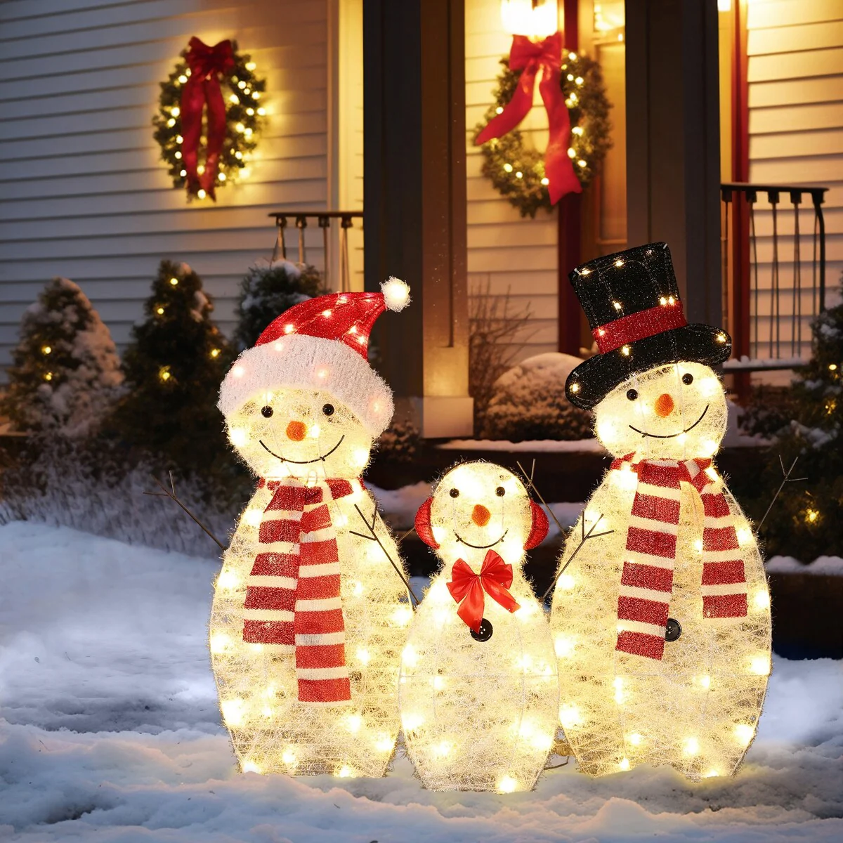 Snowman Family Trio Indoor and Outdoor Holiday Decoration with Lights - Multi-Color/White