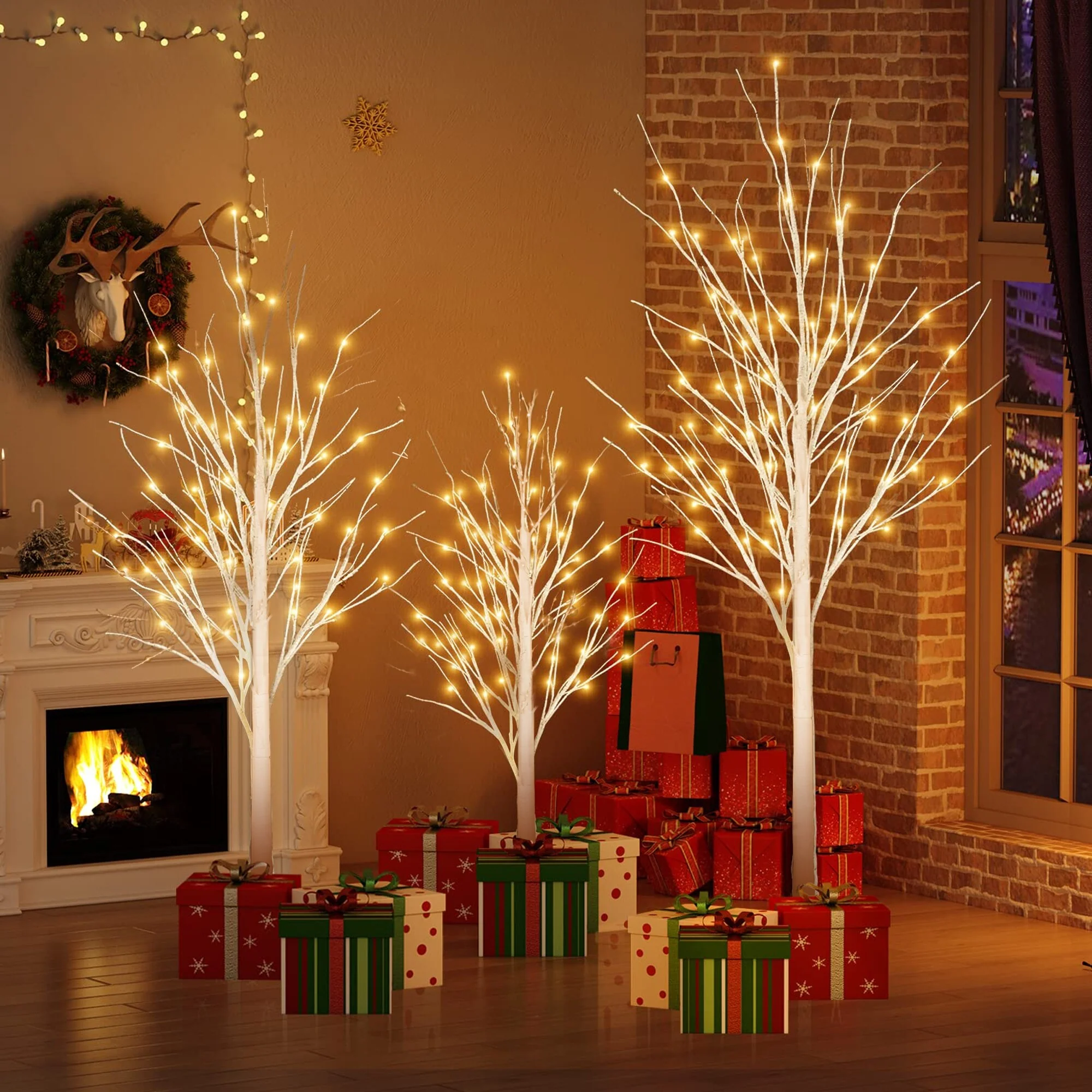 4FT & 5FT & 6FT Birch Christmas Tree Set, LED Lighted, Pack of 3 - Light Trees Set of 3