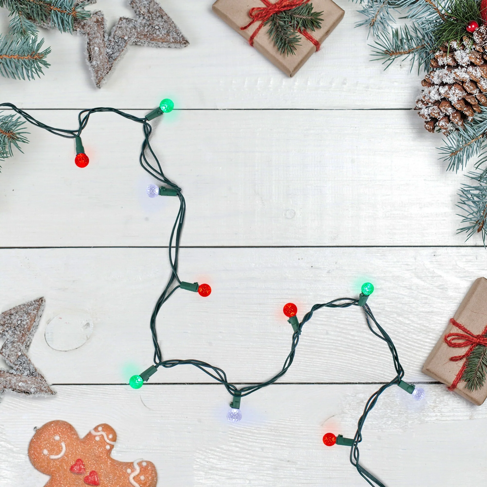 50 Count Red, Green White LED G12 Berry Christmas Lights, Green Wire