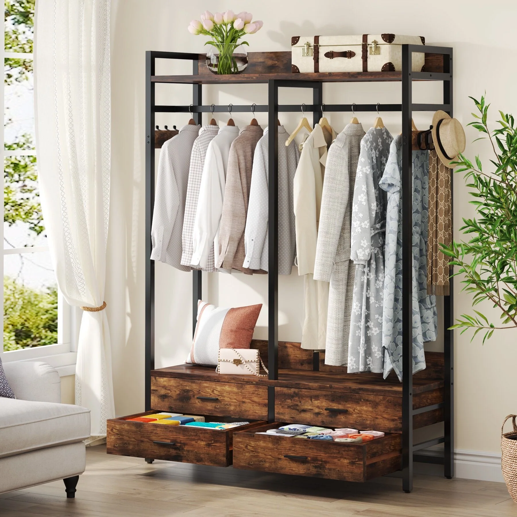 Freestanding Open Wardrobe Closet, Heavy Duty Garment Rack Closet Organizer, Rustic Brown
