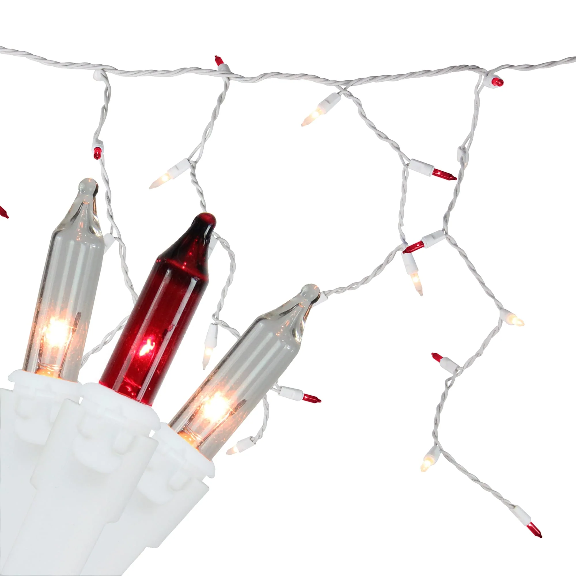 50 Red and Clear Mini Icicle Christmas Lights - 2.5 ft White Wire. - 2.5'
