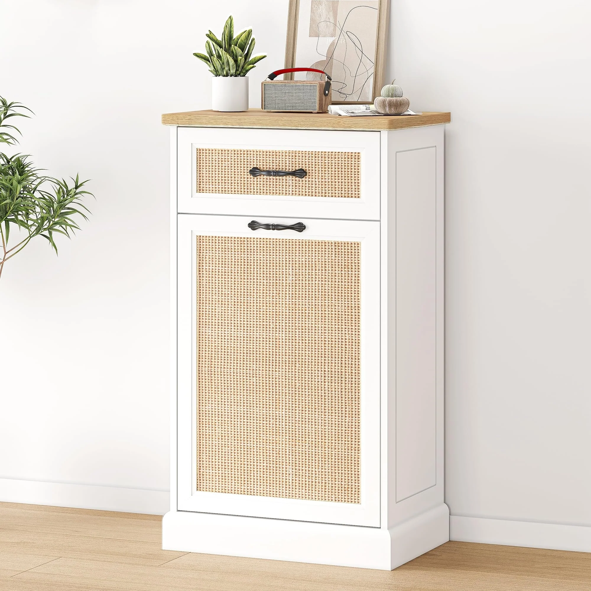 Rattarn Kitchen Tilt Out Trash Can Cabinet with Drawer