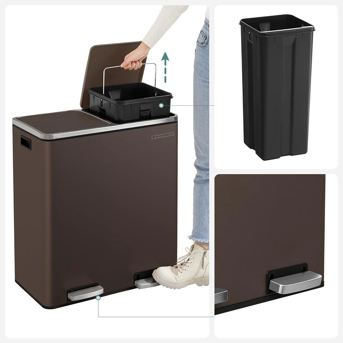 SONGMICS Trash Can, 2x 8 Gallon Stainless Steel Garbage Can, Brown