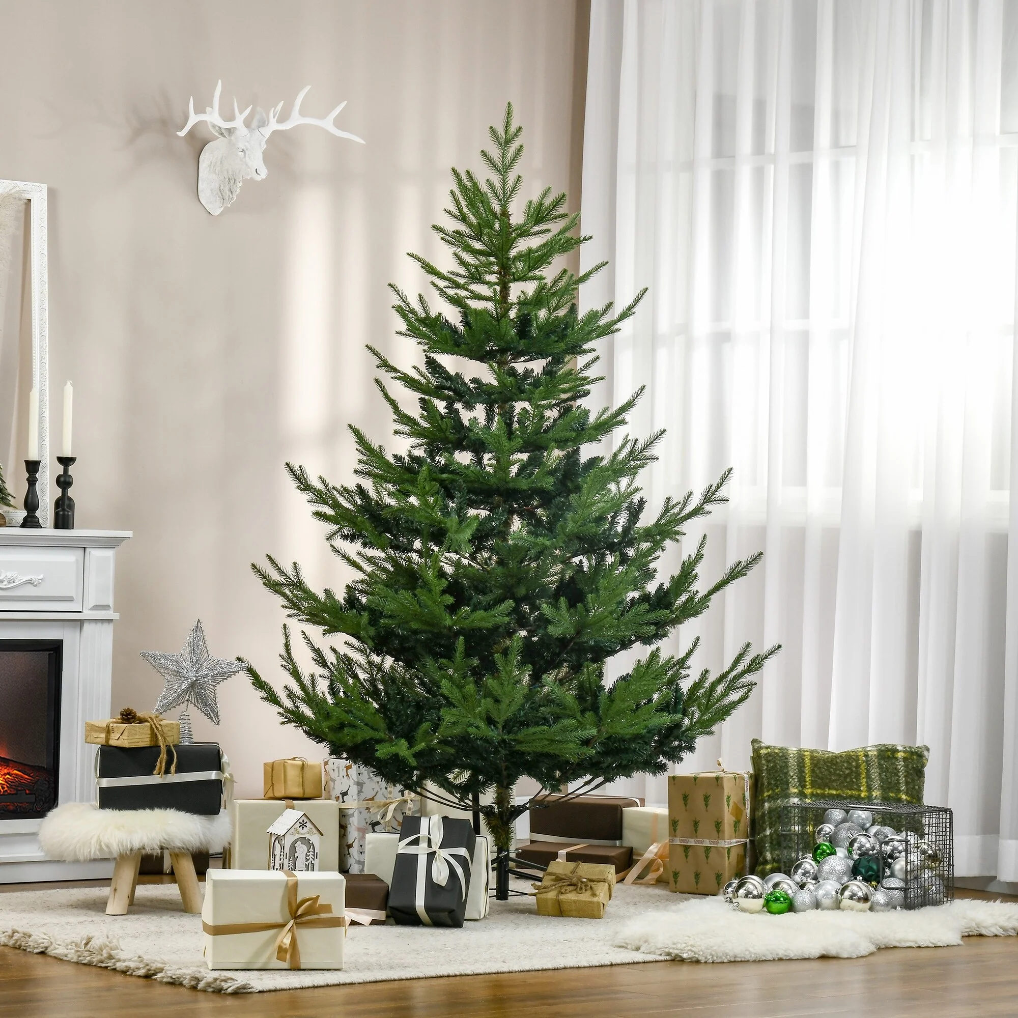 Realistic Artificial 6ft Pine Hinged Christmas Tree with 795 Branch Tips and Steel Base, Xmas Tree for Home Holiday Decor