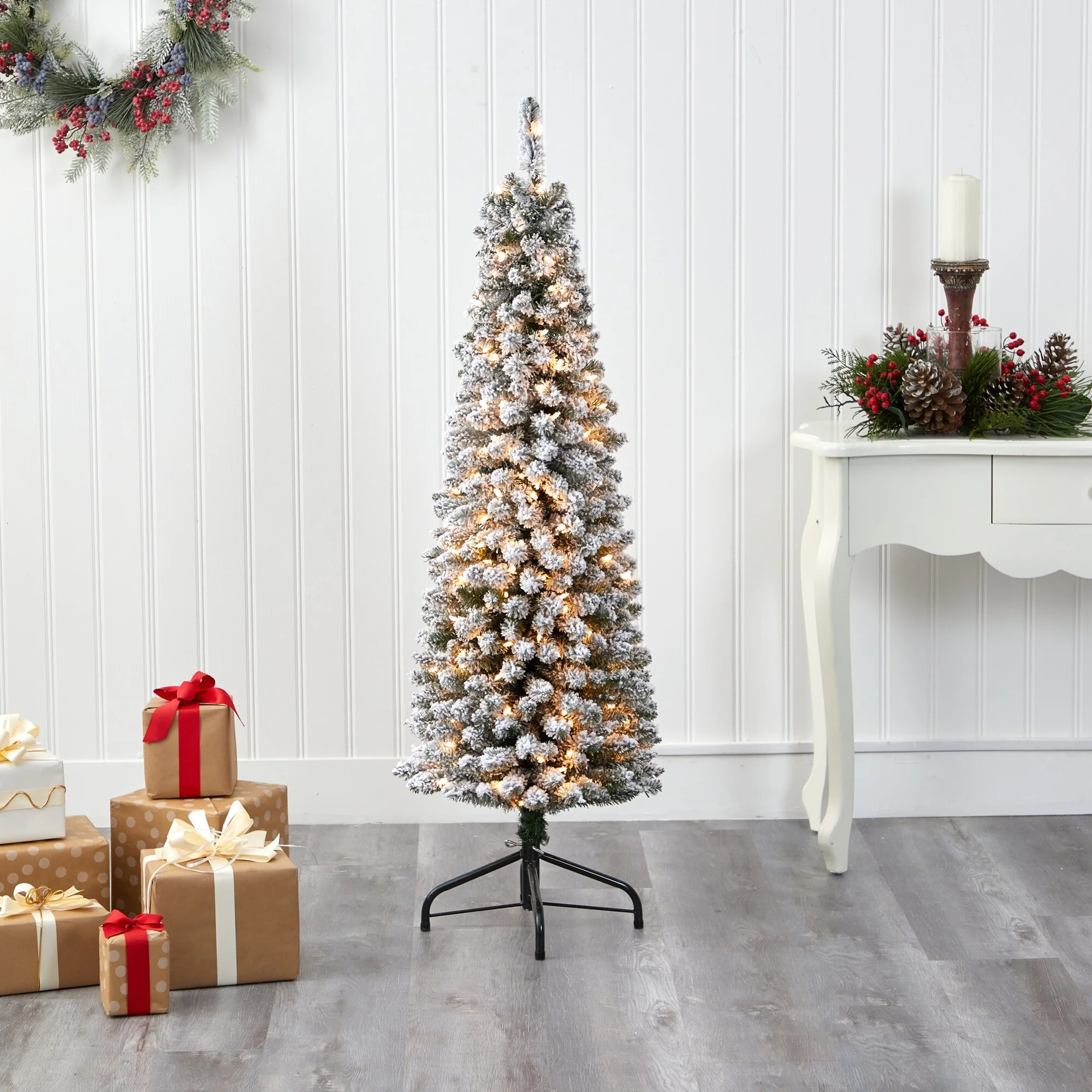 5’ Pre-Lit Pencil Flocked Artificial Christmas Tree, Clear LED Lights - 5 Foot