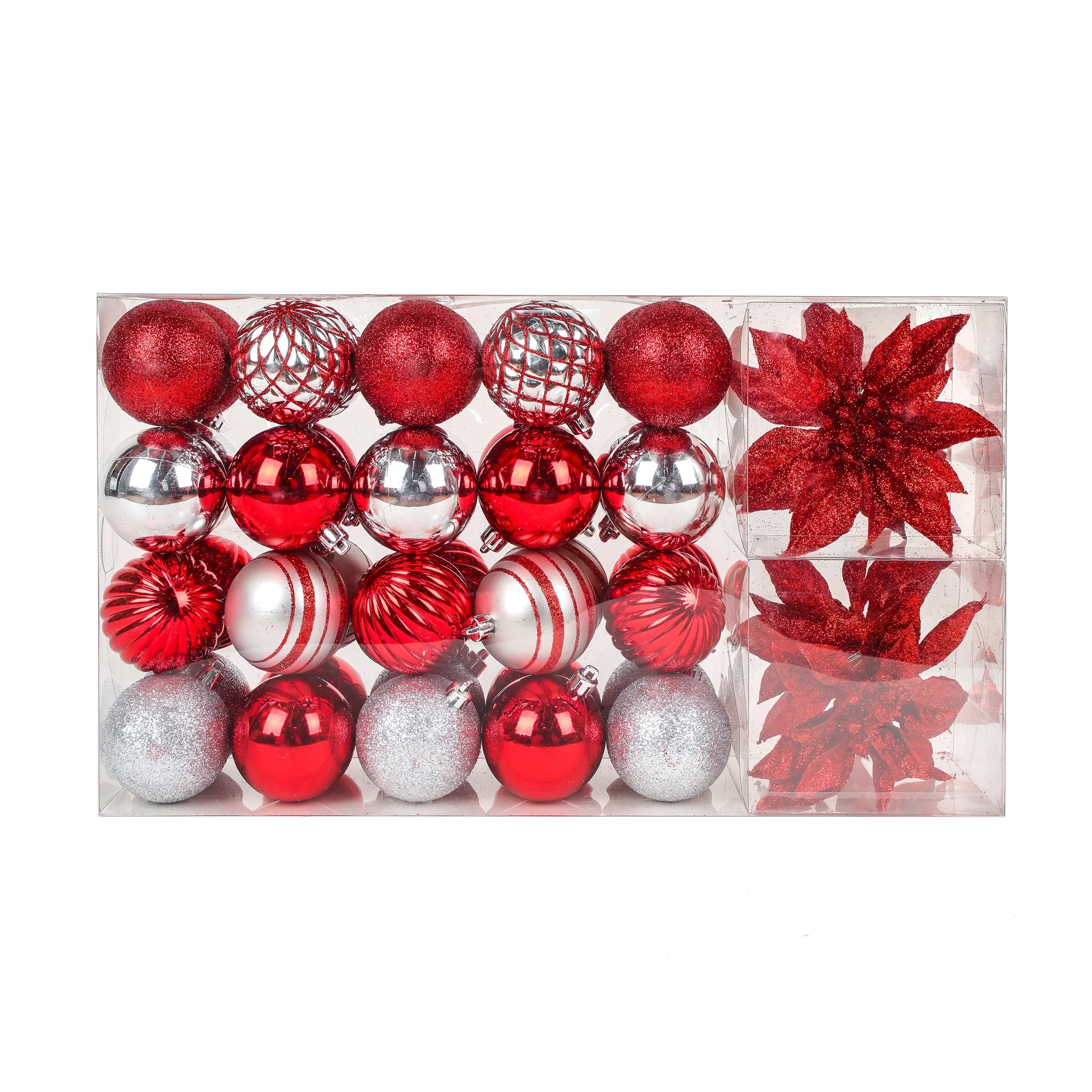 National Tree Company 2 in. Shatterproof Christmas Ornament Set, Red and Silver, 40 Balls and 4 Flowers - 2 in