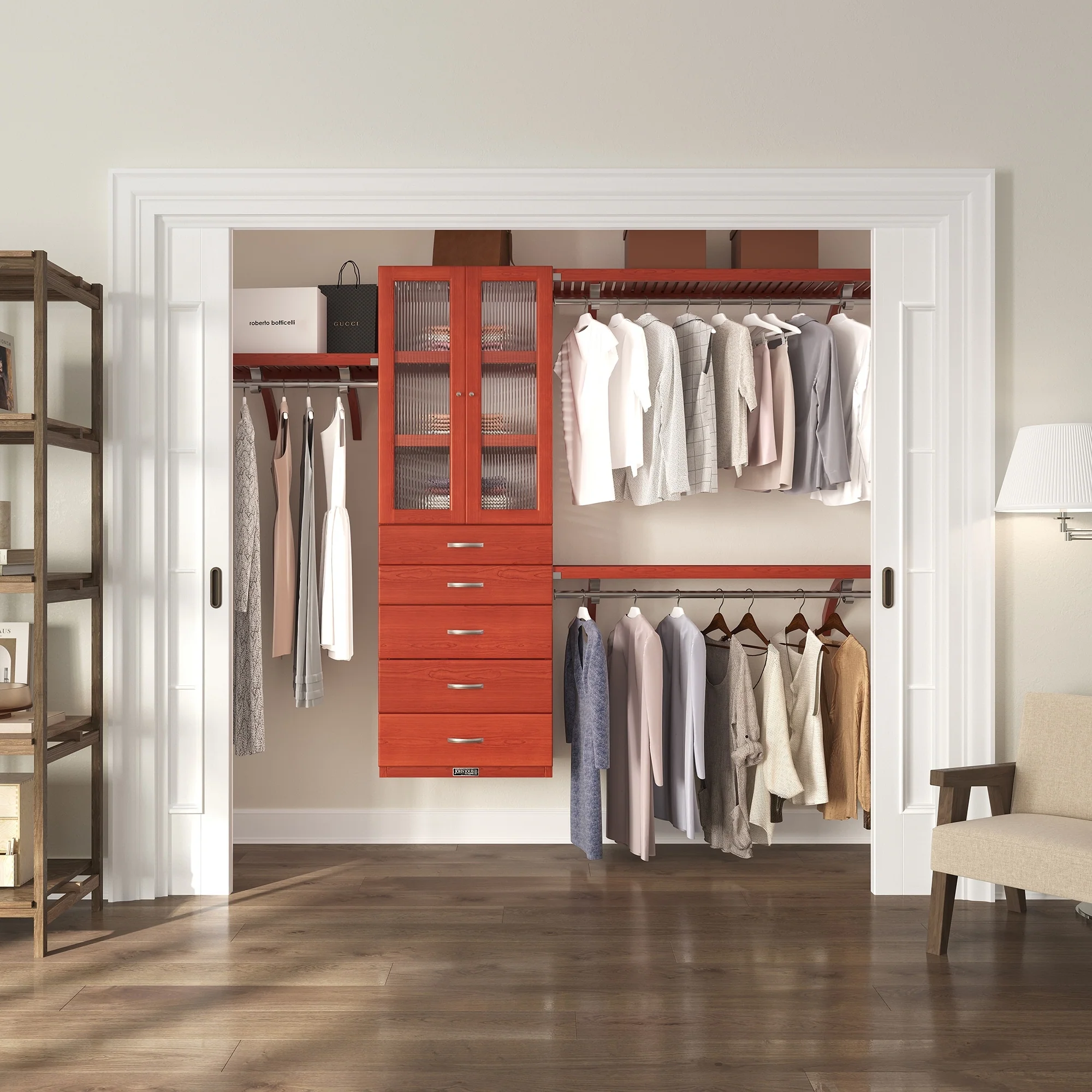 John Louis Home Solid Wood Walk-In Closet System with 5-Drawers and Doors Red Mahogany