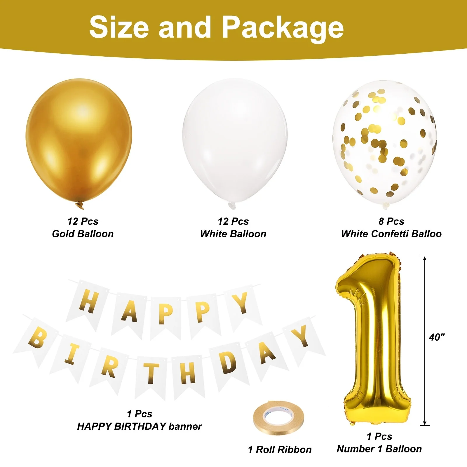 1st Birthday Decorations, 40 Inch Gold Number 1 Balloon for One Year Old Decor - Gold Tone