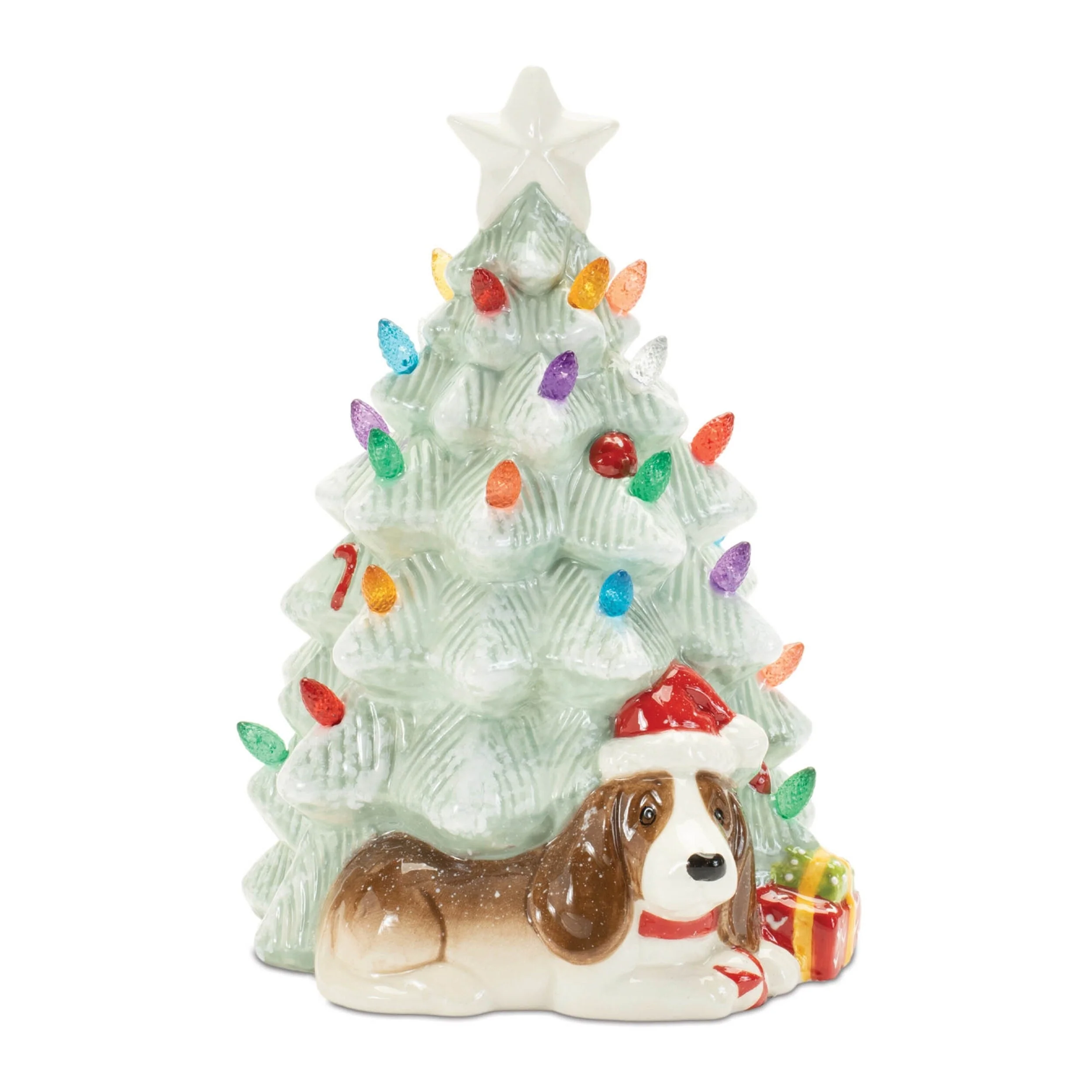Set of 2 Ceramic Christmas Trees and Dog Accent with Multicolored Bulbs Holiday Mantel or Tabletop Decor - 6”L x 6” x 8”H