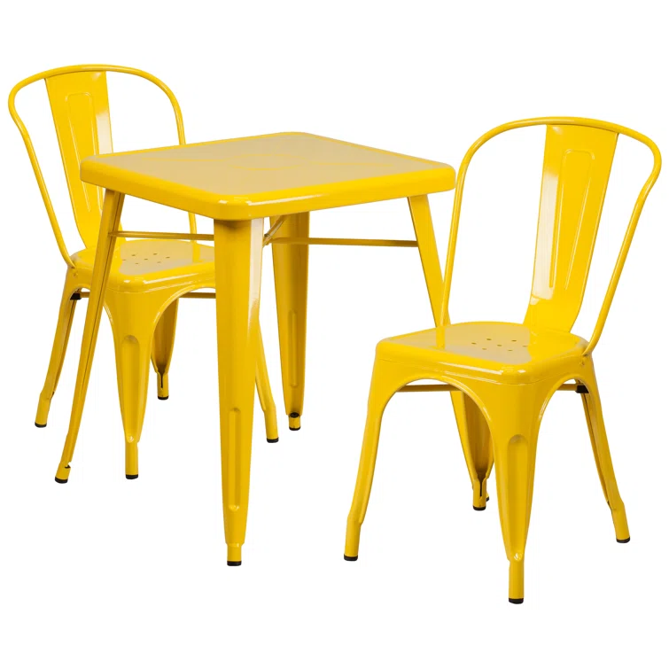 Geneen 23.75'' Square Metal Indoor-Outdoor Table Set with 2 Stack Chairs