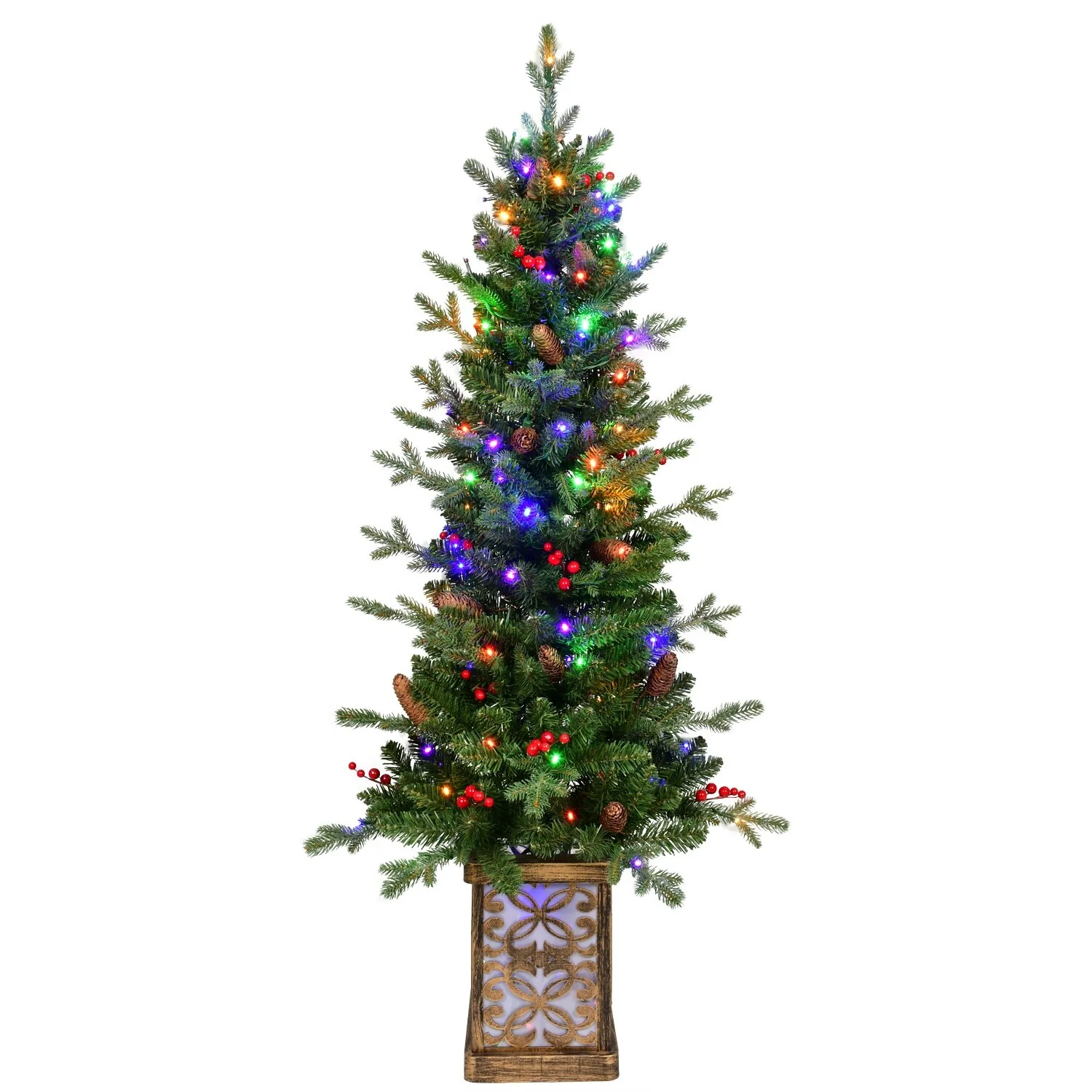 4ft Pre-Lit Green Christmas Tree With Glitter Base-100 Multicolor Led Lights,396 Tips,Red Berries & Pine Coness