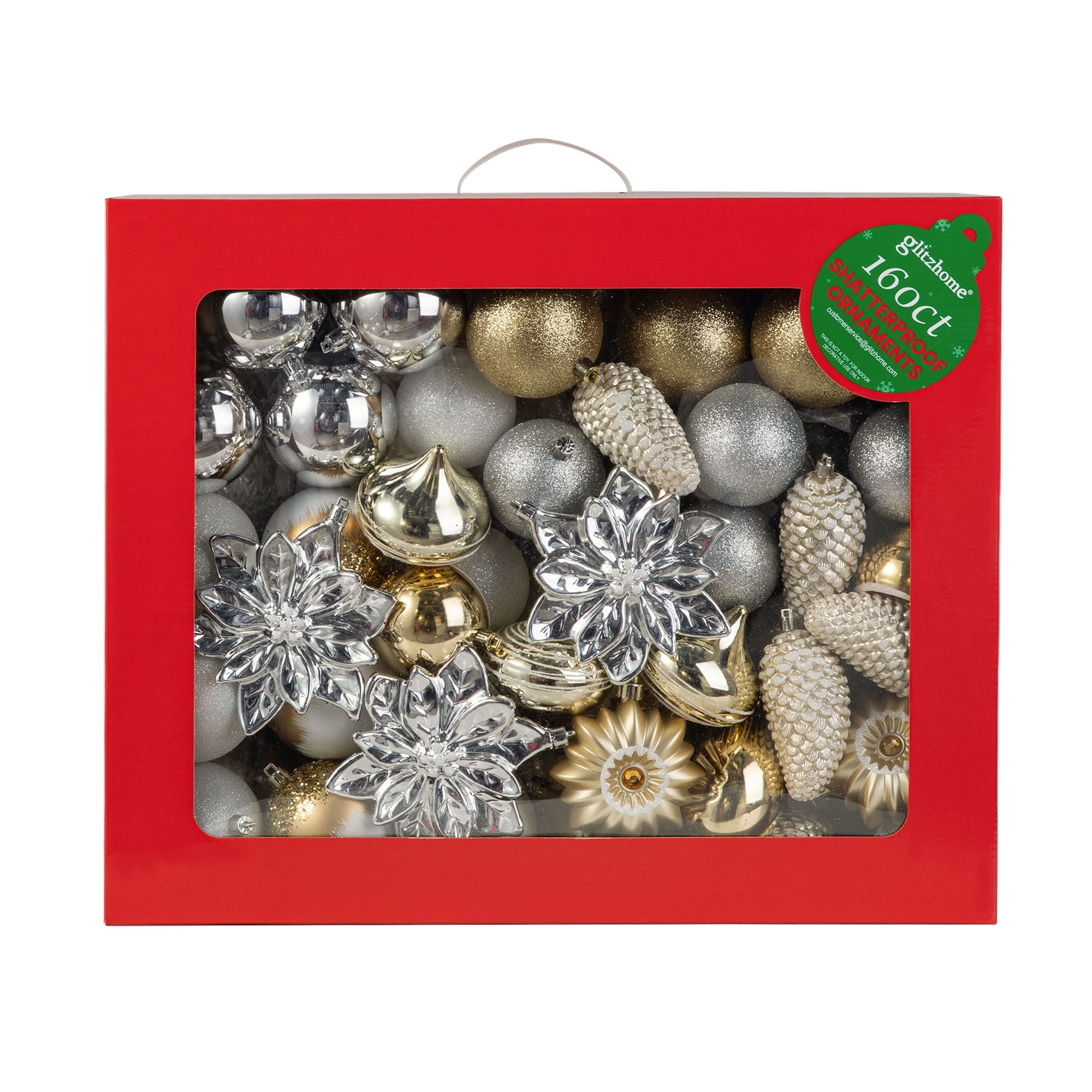 Glitzhome 191-Piece Glitter Ribbon Bow Gold Silver Ball Shatterproof Ornaments Xmas Tree Decor