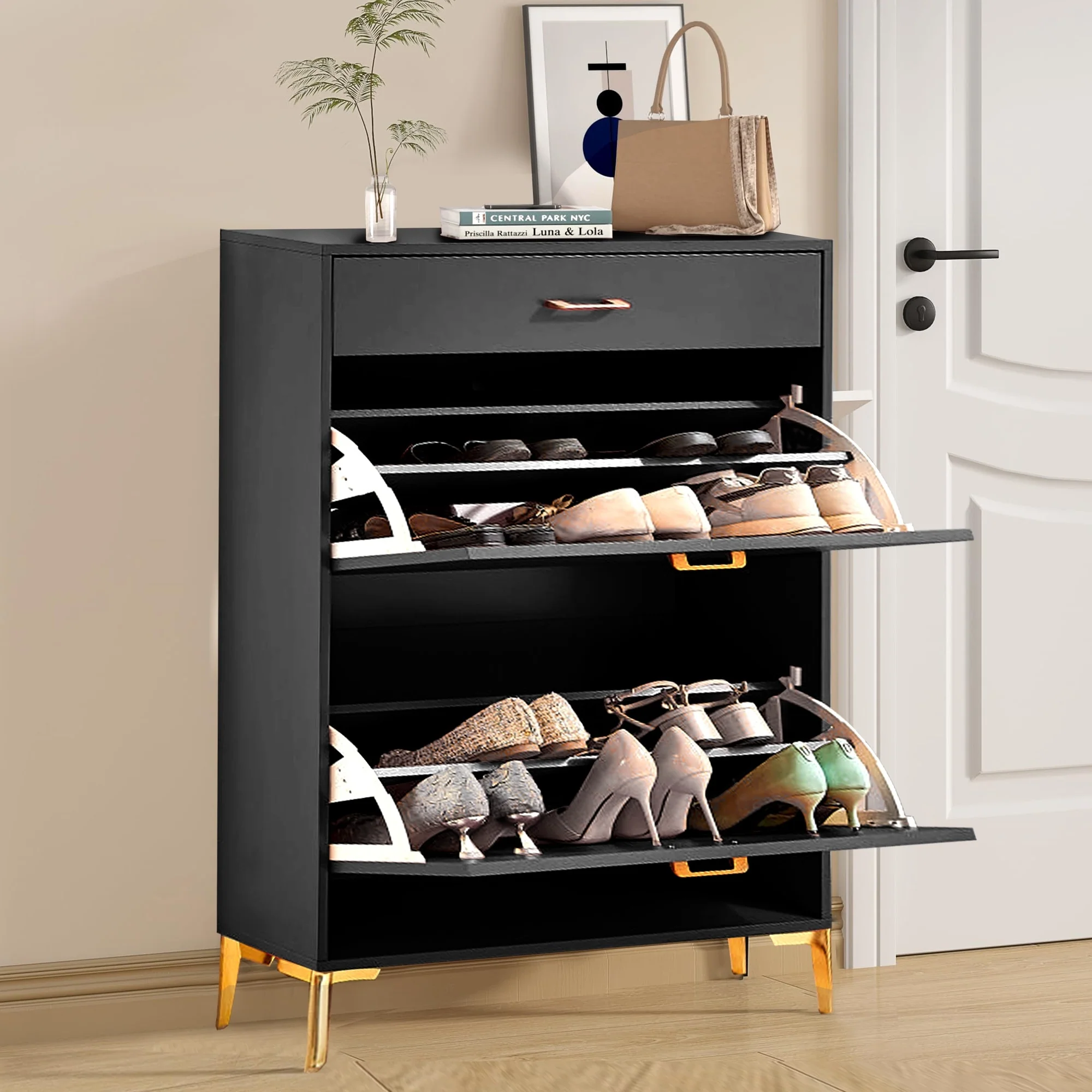 Freestanding Shoe Cabinet for Entryway, with 2 Flip Doors and Drawer - 32'W x 10''D x 43''H