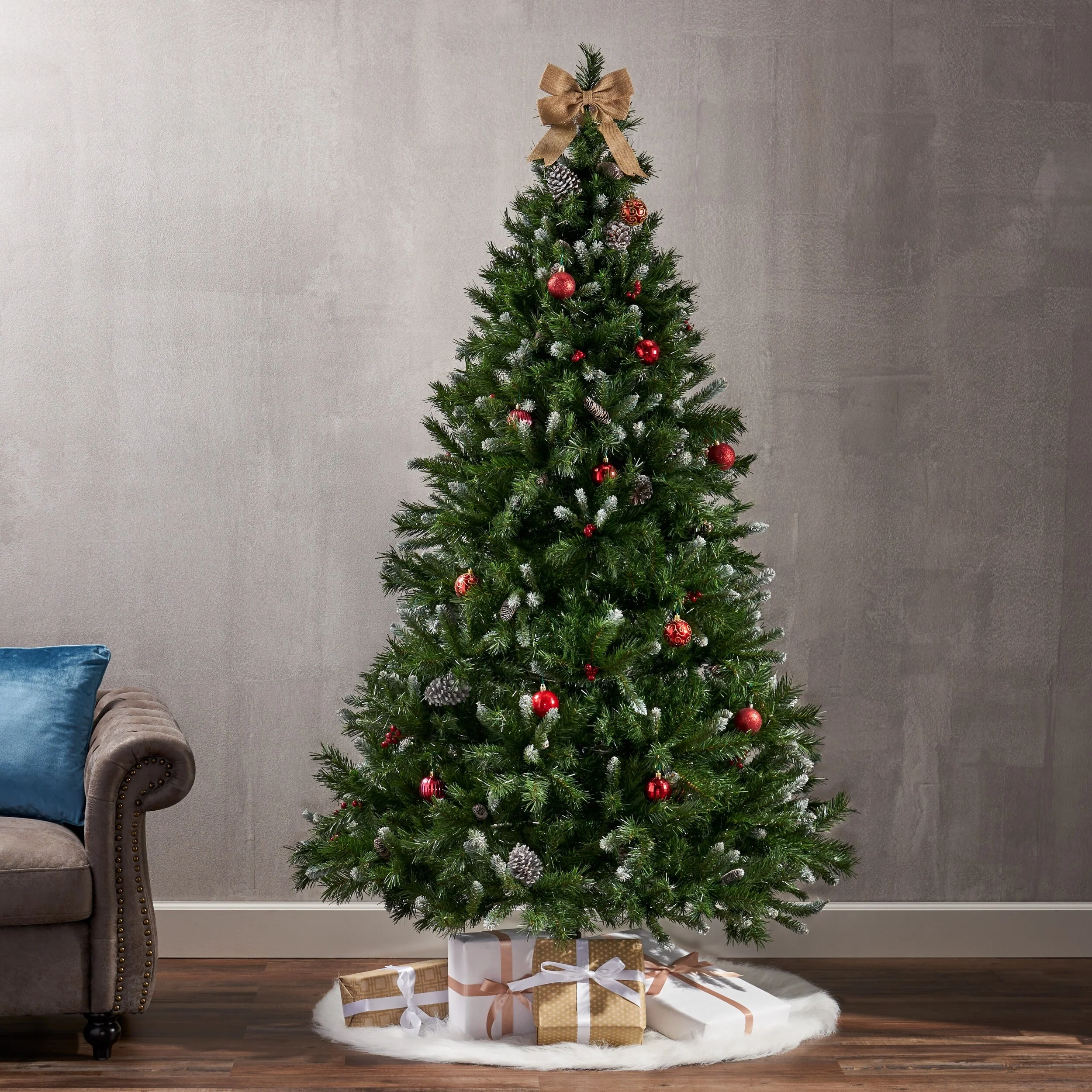 Realistic 7ft Mixed Frosted Christmas Tree with Sturdy Iron Stand, Perfect for Home Holiday Festivities