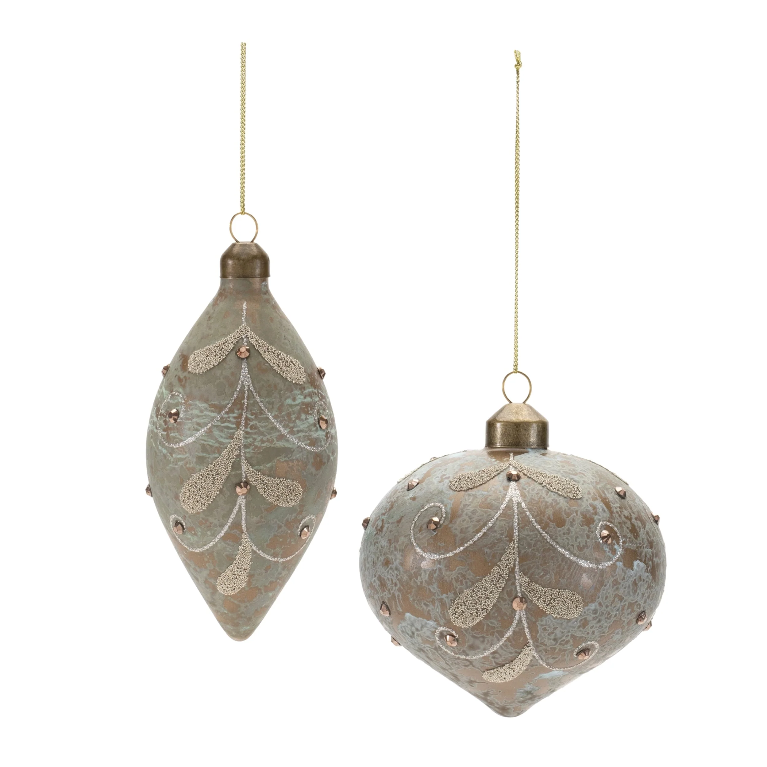 Grey Glass Beaded Onion and Oblong Ornaments Set of 12 Rustic Holiday Decor - 3.5” x 3.5” x 4” (L x W x H)