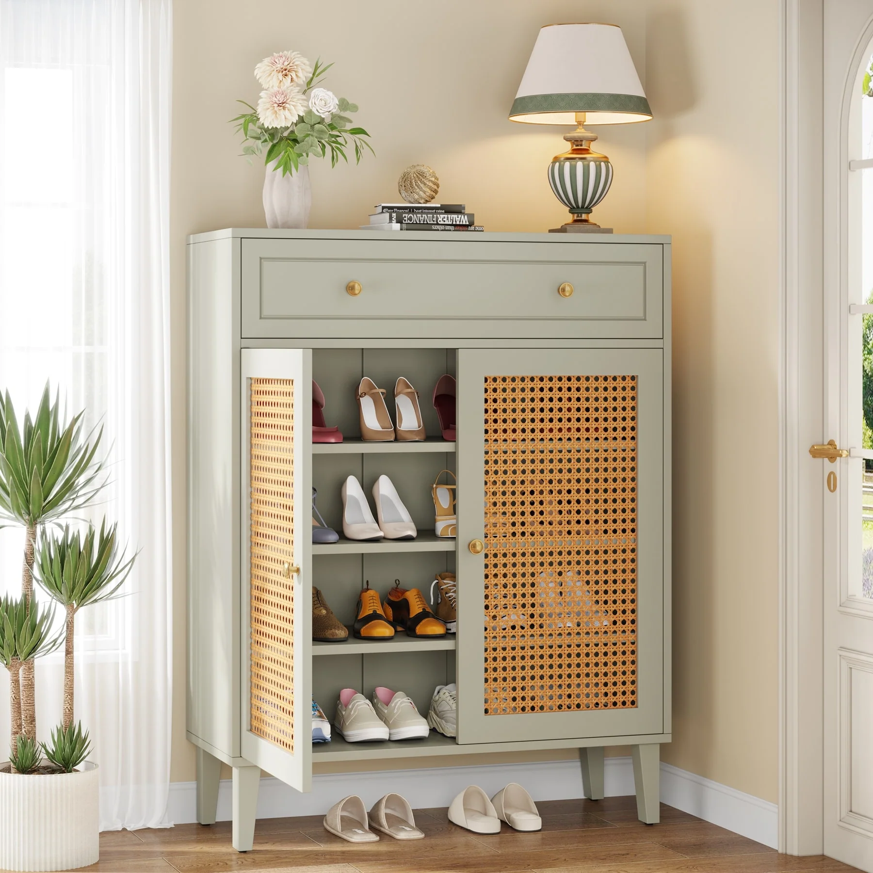 Shoe Cabinet with Doors and Drawer, Modern Rattan Shoe Storage Cabinet for Entryway, Mint Green