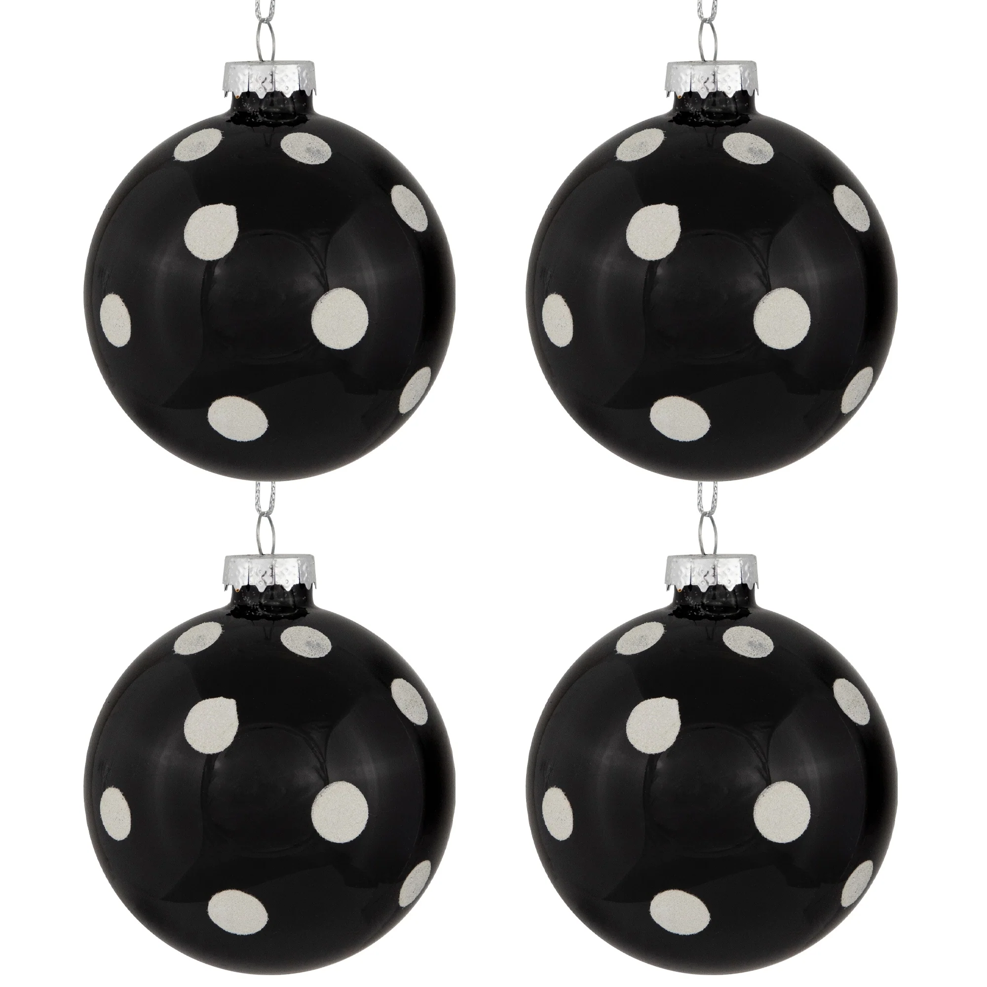 Set of 4 Black White Polka Dots Christmas Glass Ball Ornaments 3
