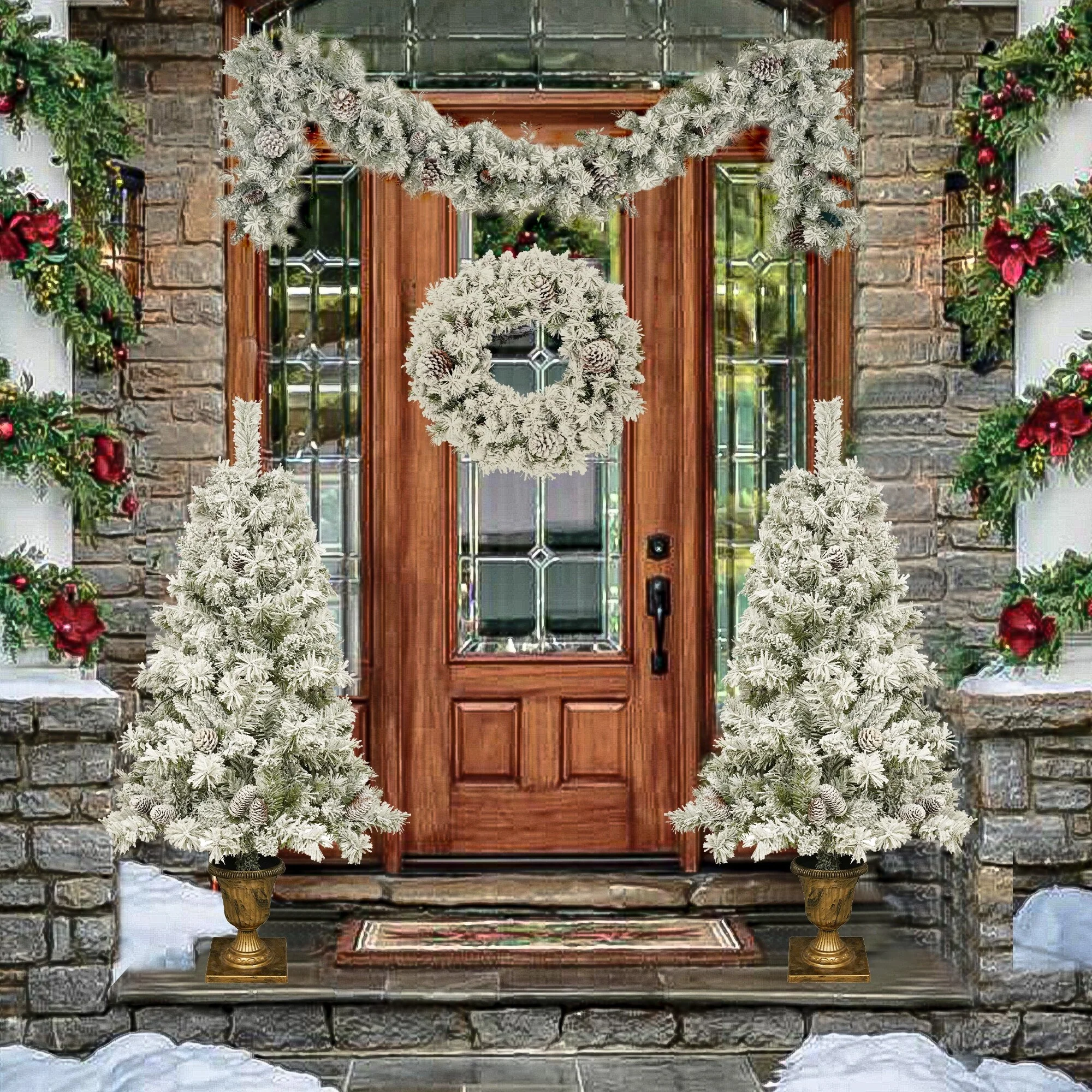 4-Piece Artificial Christmas Tree Set with Pre-Lit LED Lights, Wreath Garland
