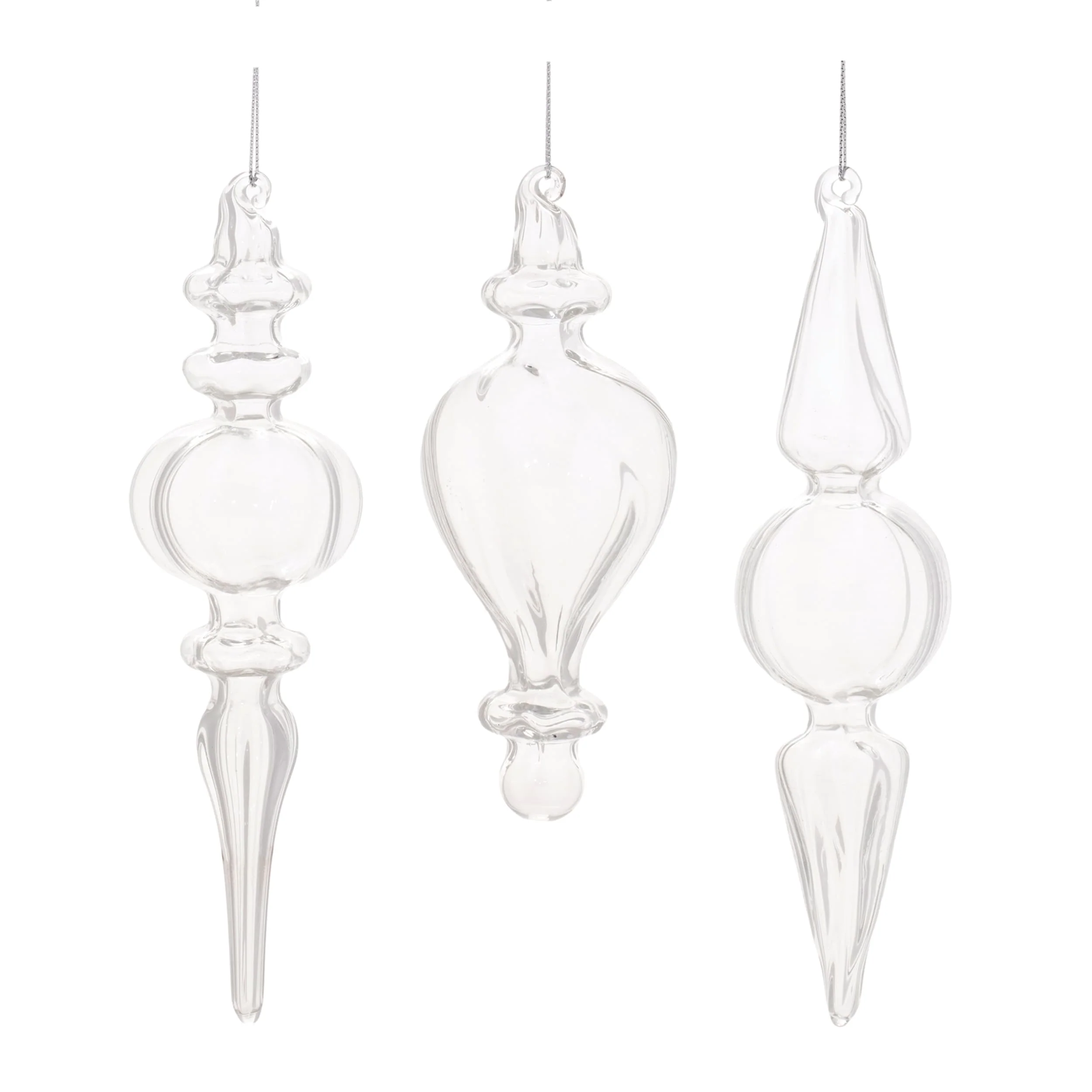 Set of 12 Clear Glass Finial Christmas Ornaments Assorted Sizes with Ribbed Texture & Swirled Caps - 2