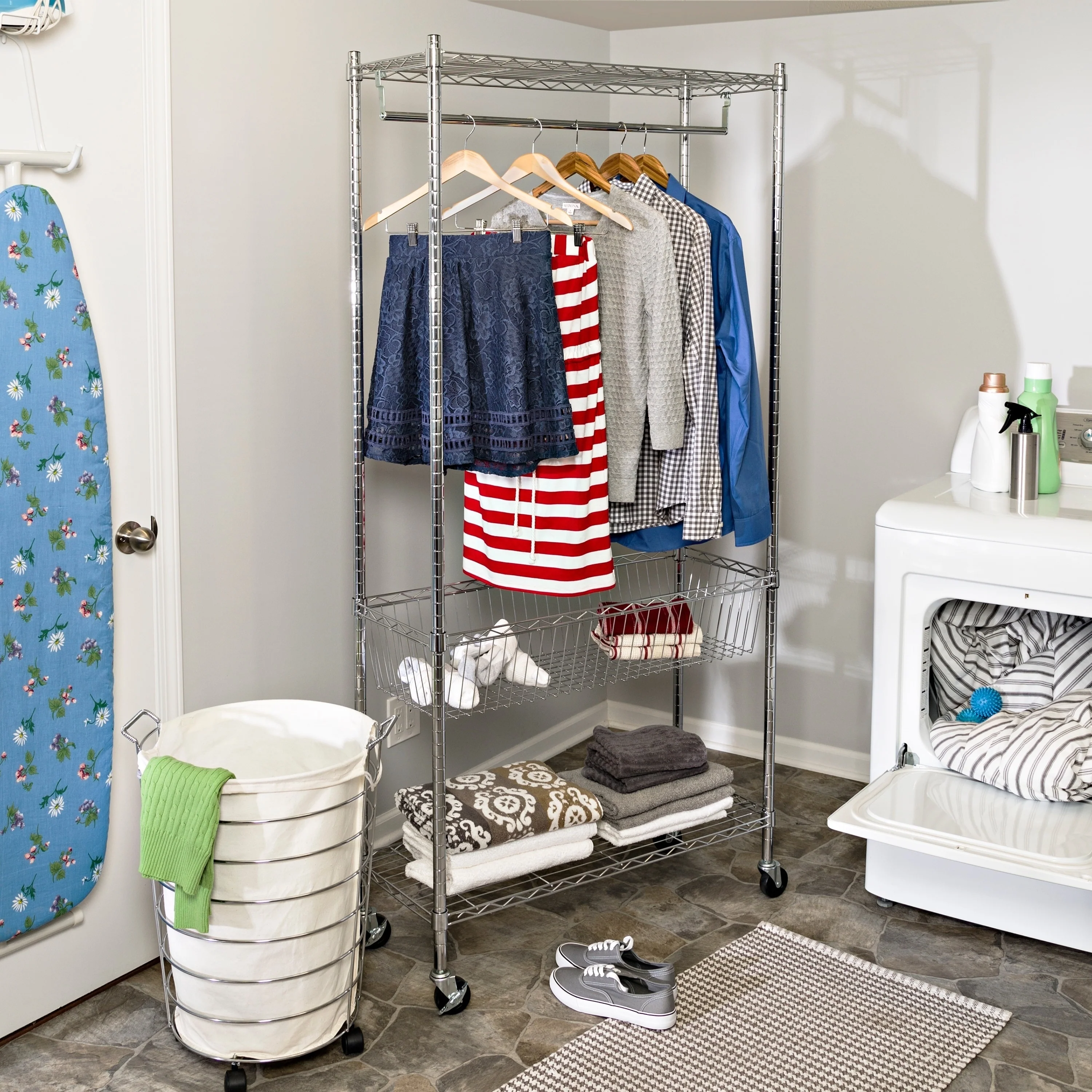 Honey-Can-Do Chrome Steel Rolling Laundry Clothes Rack with Shelves
