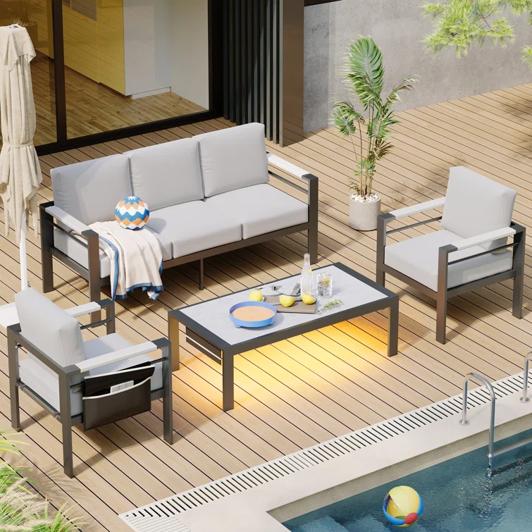 Nell Aluminum 5 - Person Seating Group with Cushions and LED Coffee Table
