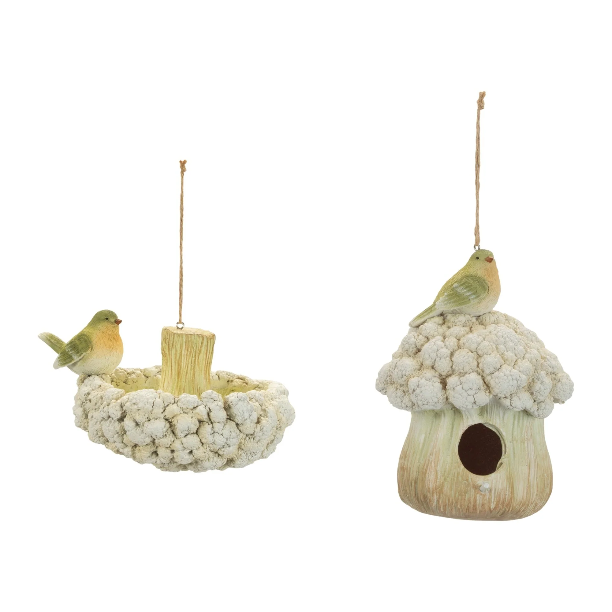 Cauliflower Birdhouse and Birdbath Ornaments - 7.25