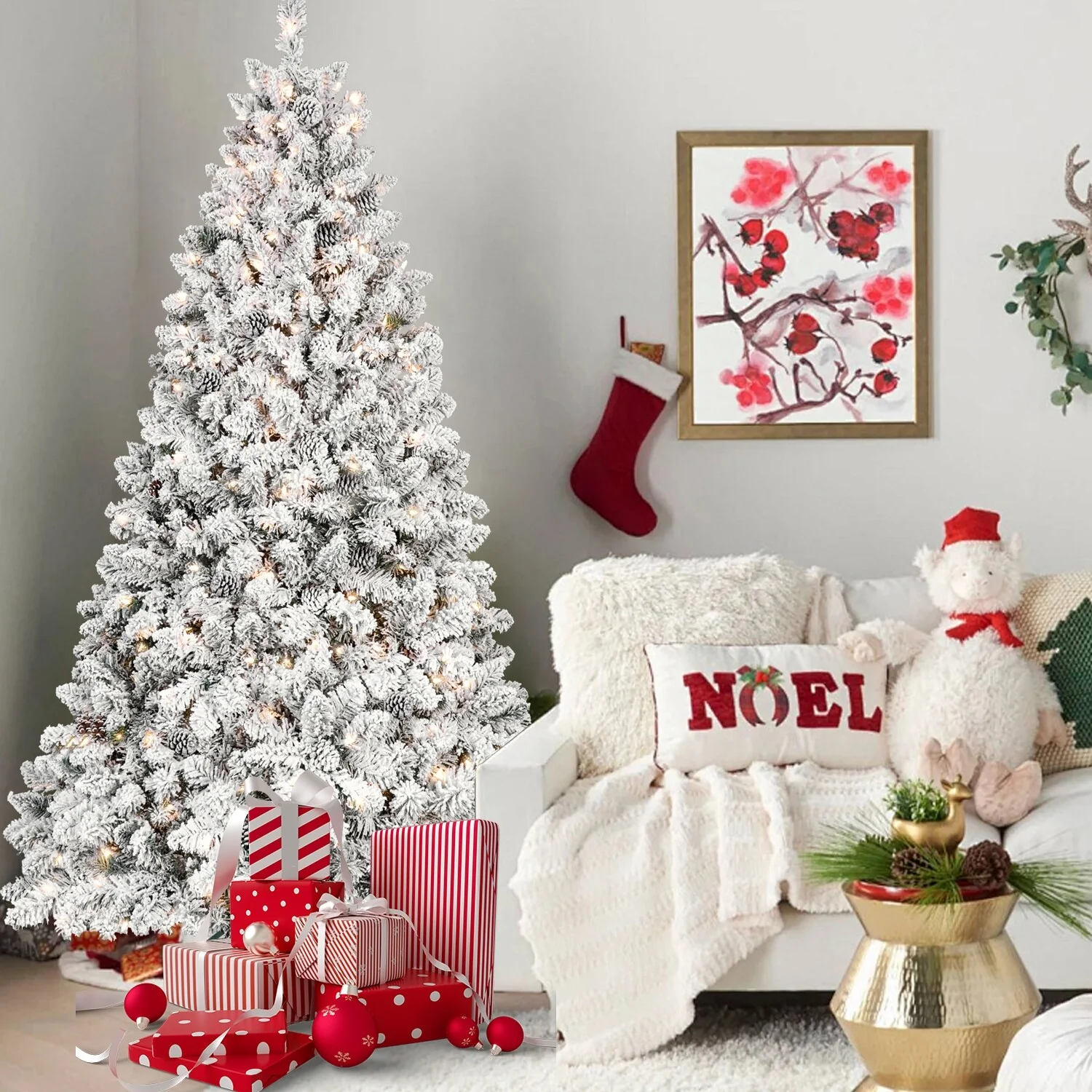 6FT Flocked Christmas Tree with 350 UL Lights and 35 Natural Pine Cones-Snowy PVC Tips, 888 Tips, Hinged Structure