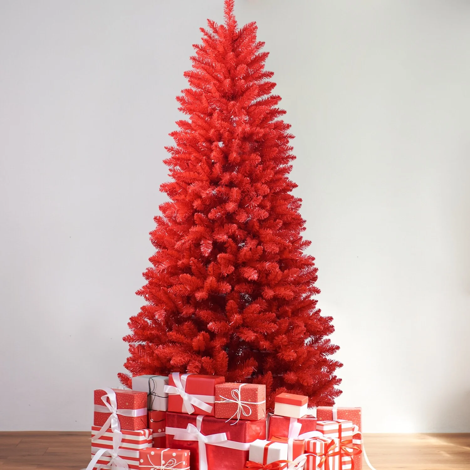 6FT Red Christmas Tree-Pure Red PVC Tree with 804 Tips, Hinged Branches for Easy Setup, Stable Metal Stand