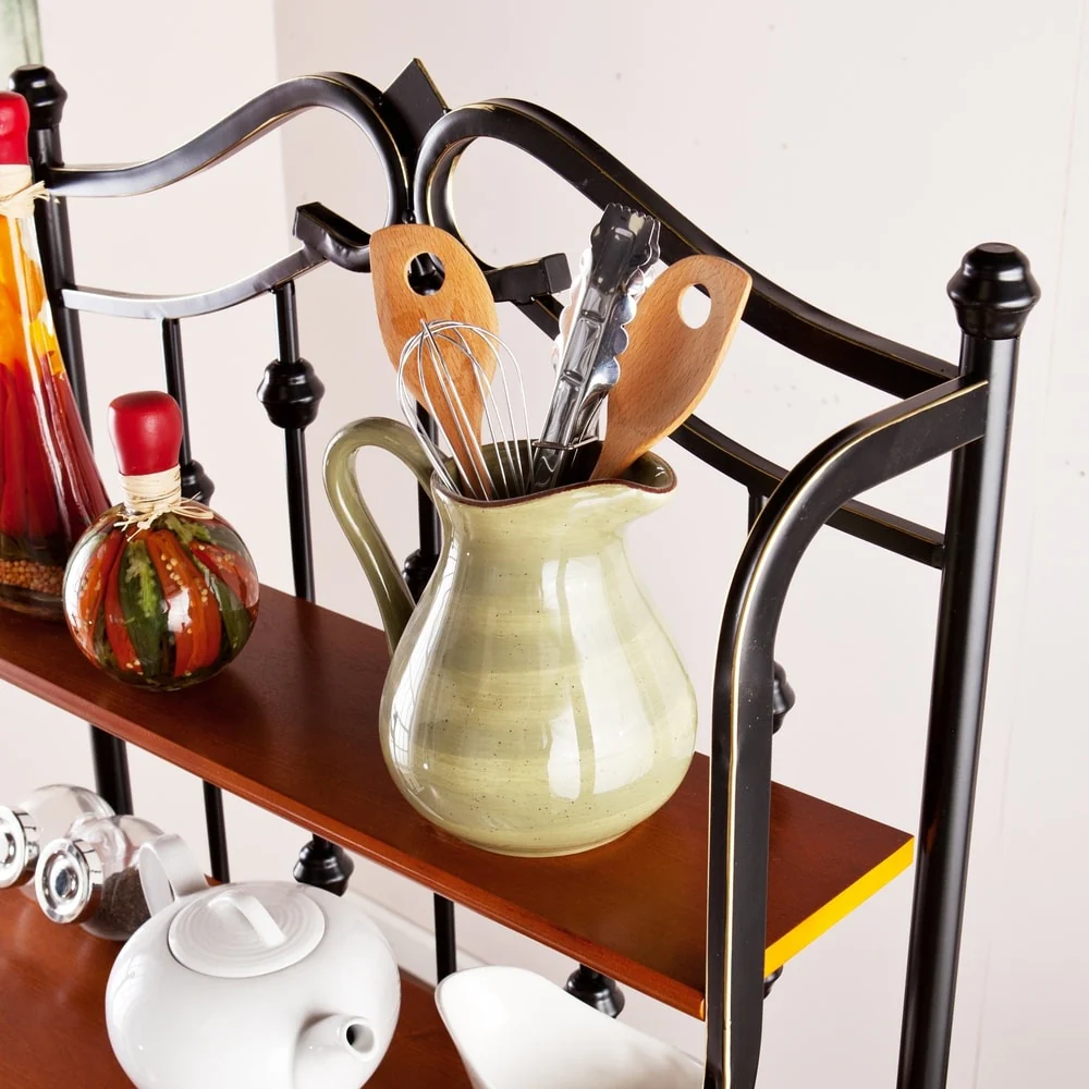 SEI Furniture Docherty Black Baker's Rack with Rattan Baskets
