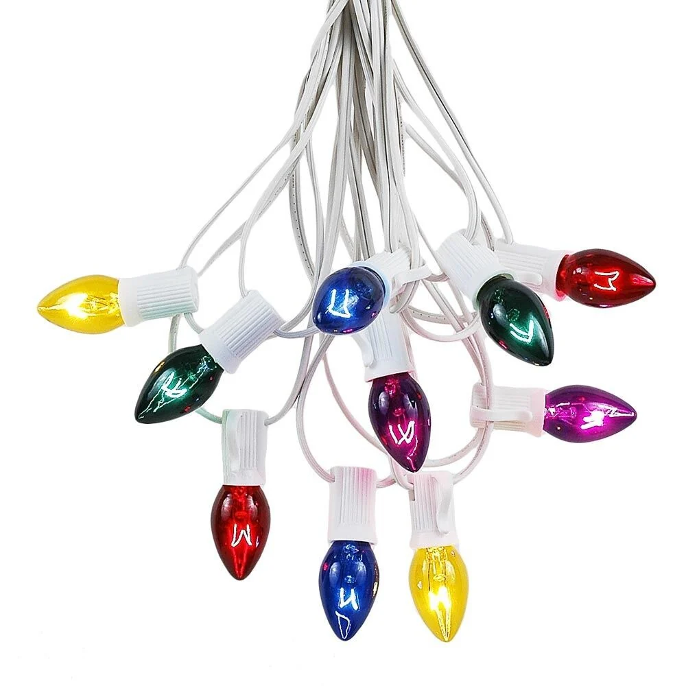25 Foot C7 Christmas Light Set, Hanging Patio String Lights, White Wire