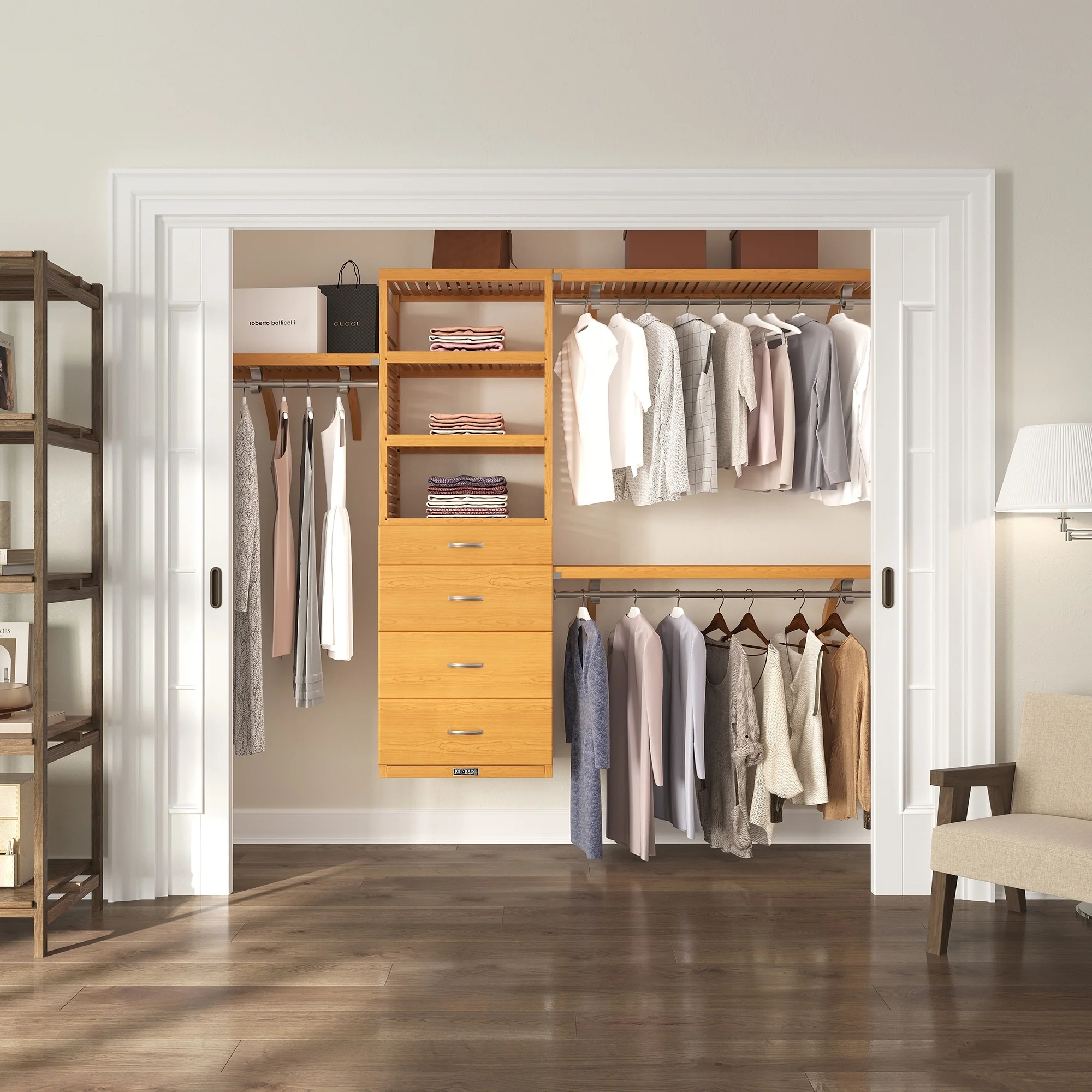 John Louis Home Solid Wood Walk-In Closet System with 4-Drawers Honey Maple