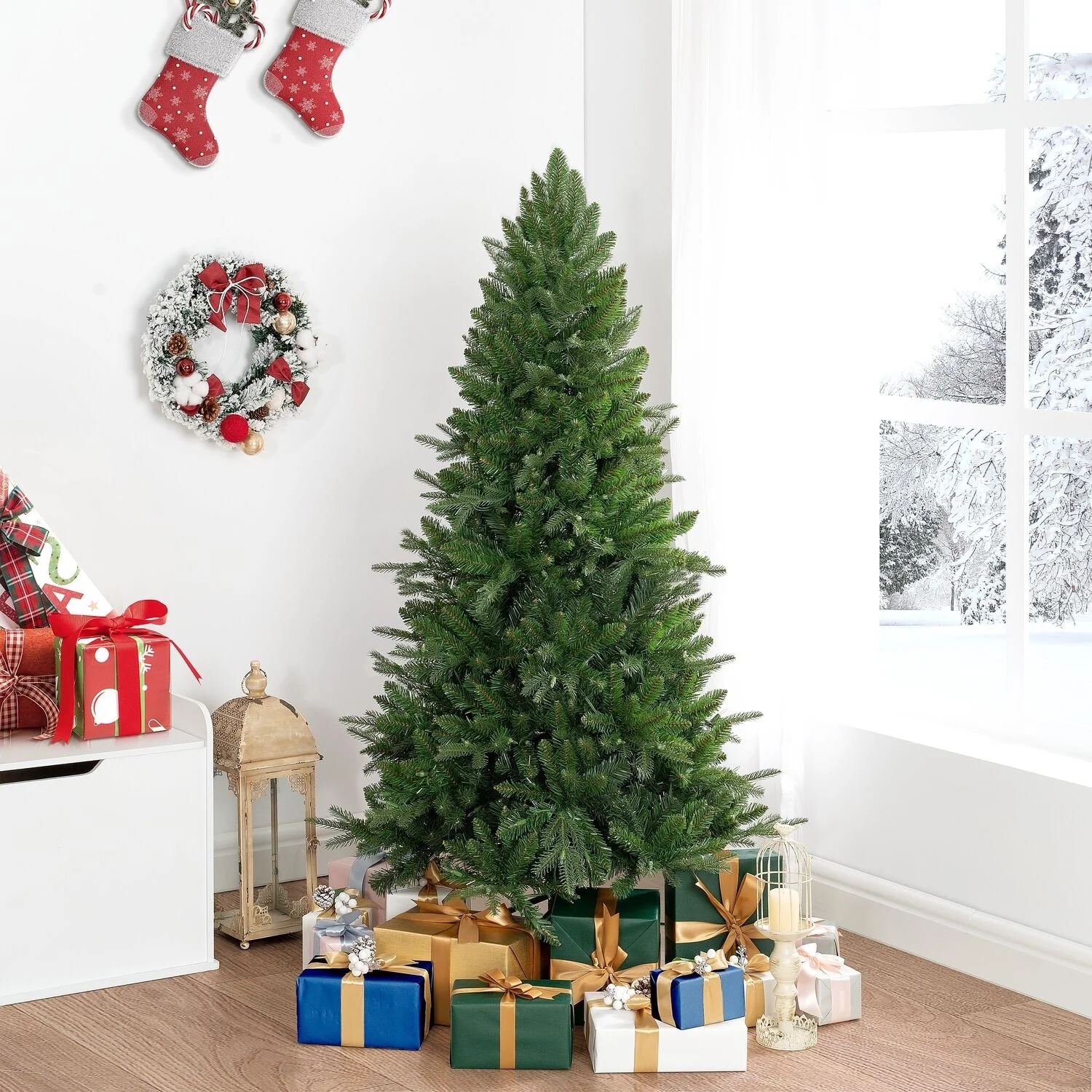 Traditional Artificial Christmas Tree with Lights, Prelit Christmas Tree, Pine Fir Christmas Tree with LED Lights