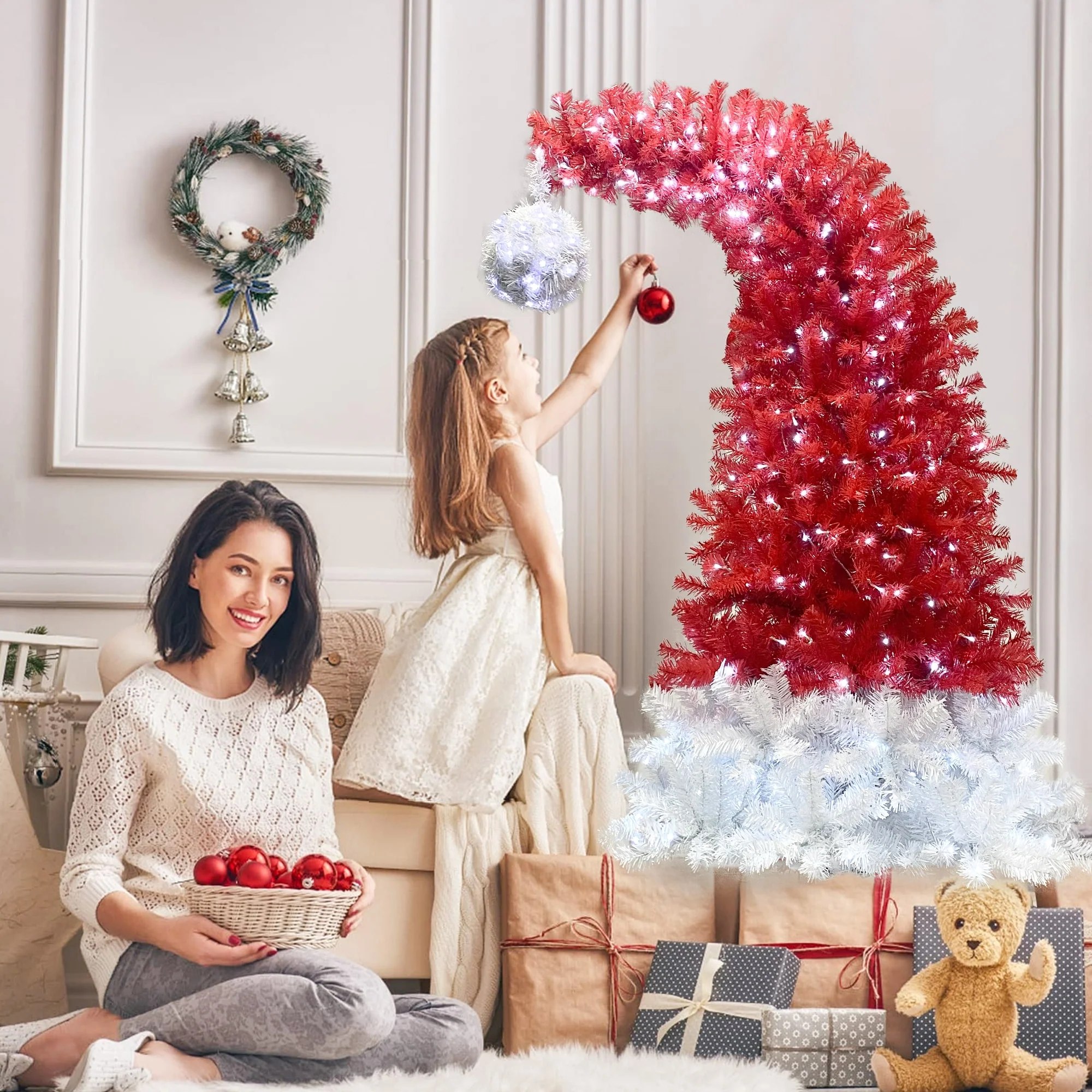 Red Unique Christmas Tree,Bendable Santa Hat Style Christmas Tree - 6Ft