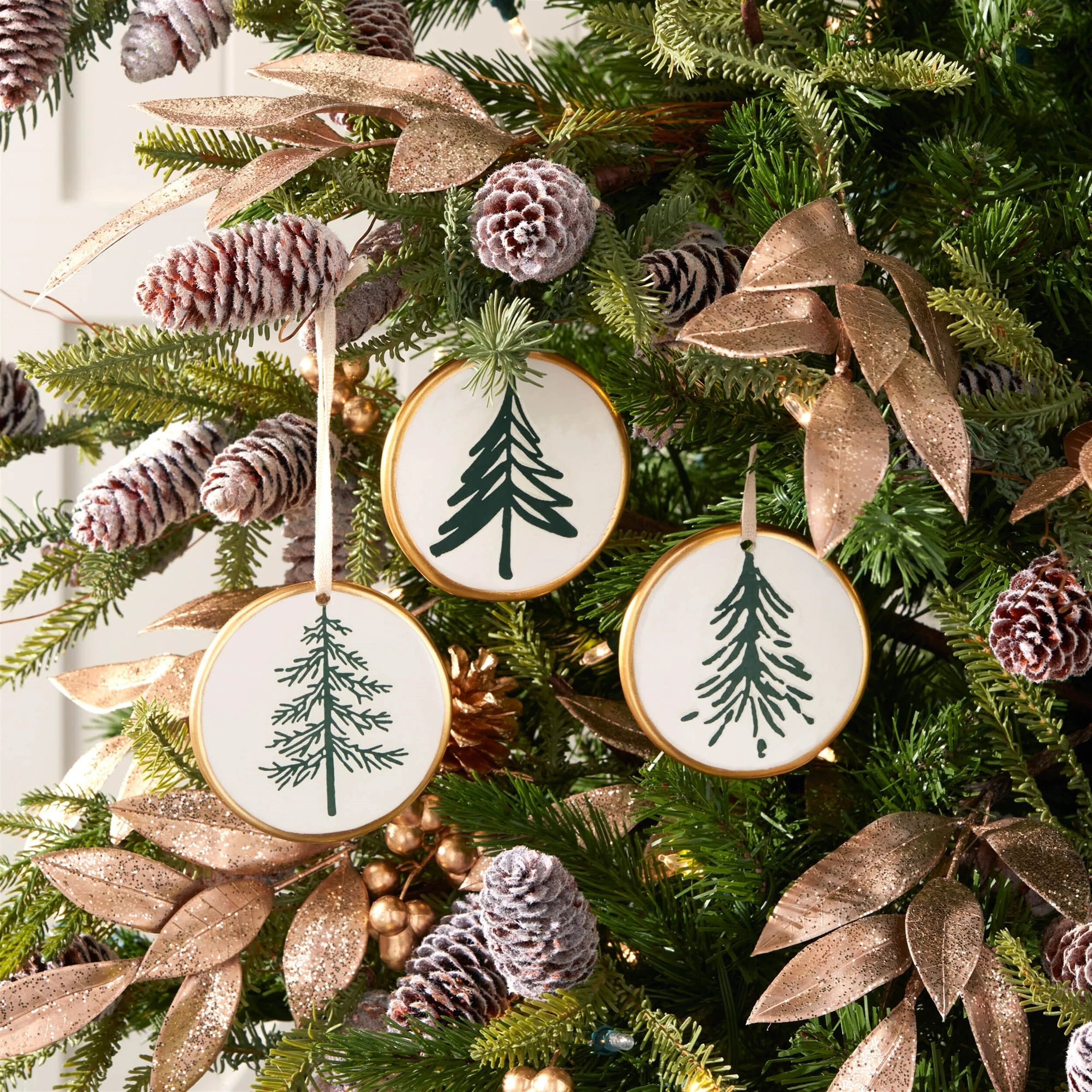 Set of 12 White Green Gold Ceramic Christmas Tree Ornaments Pine Disc Decor for Tree - 3.25”L x 0.25”W x 3.5”H