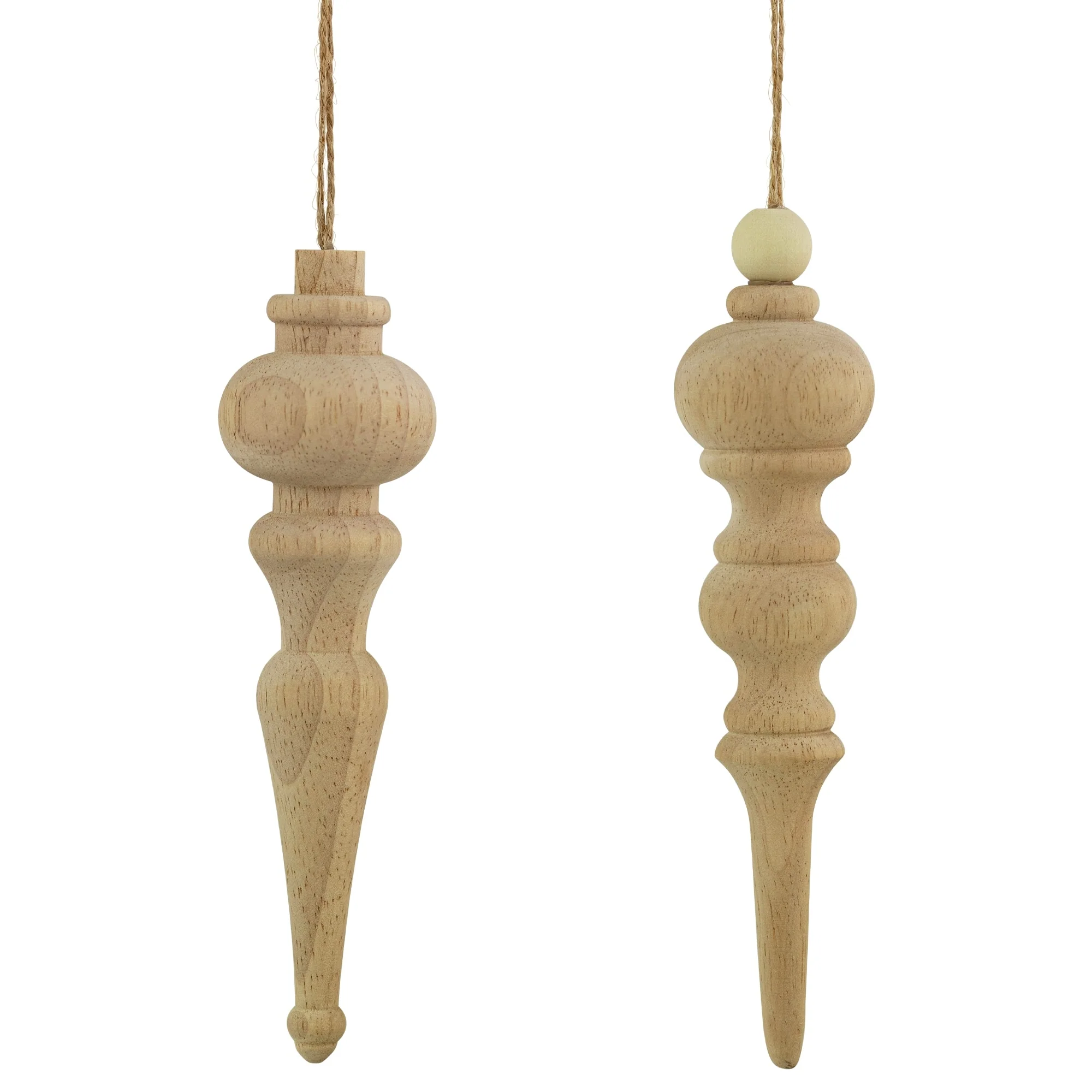 Set of 2 Natural Wood Finial Christmas Tree Ornaments 6.5