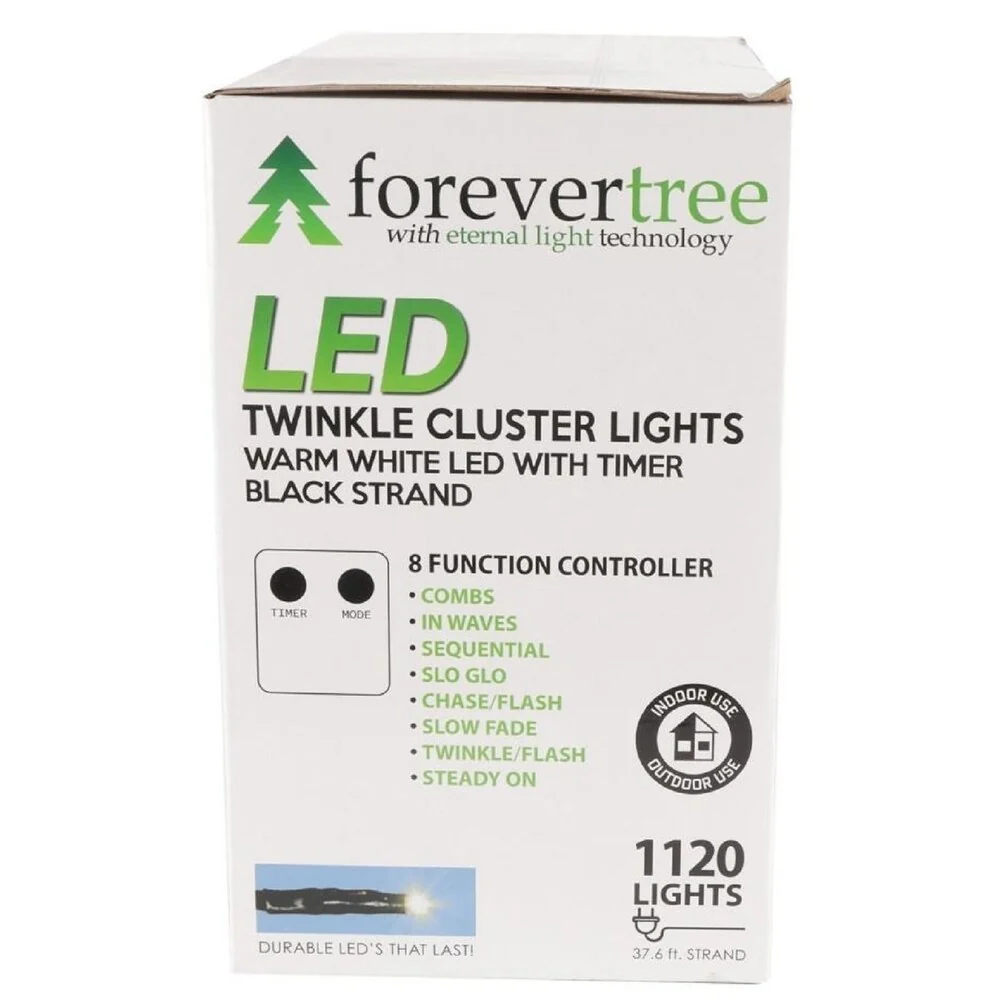 Forever Tree 1120 LED Twinkle Cluster White Lights w Black Wire
