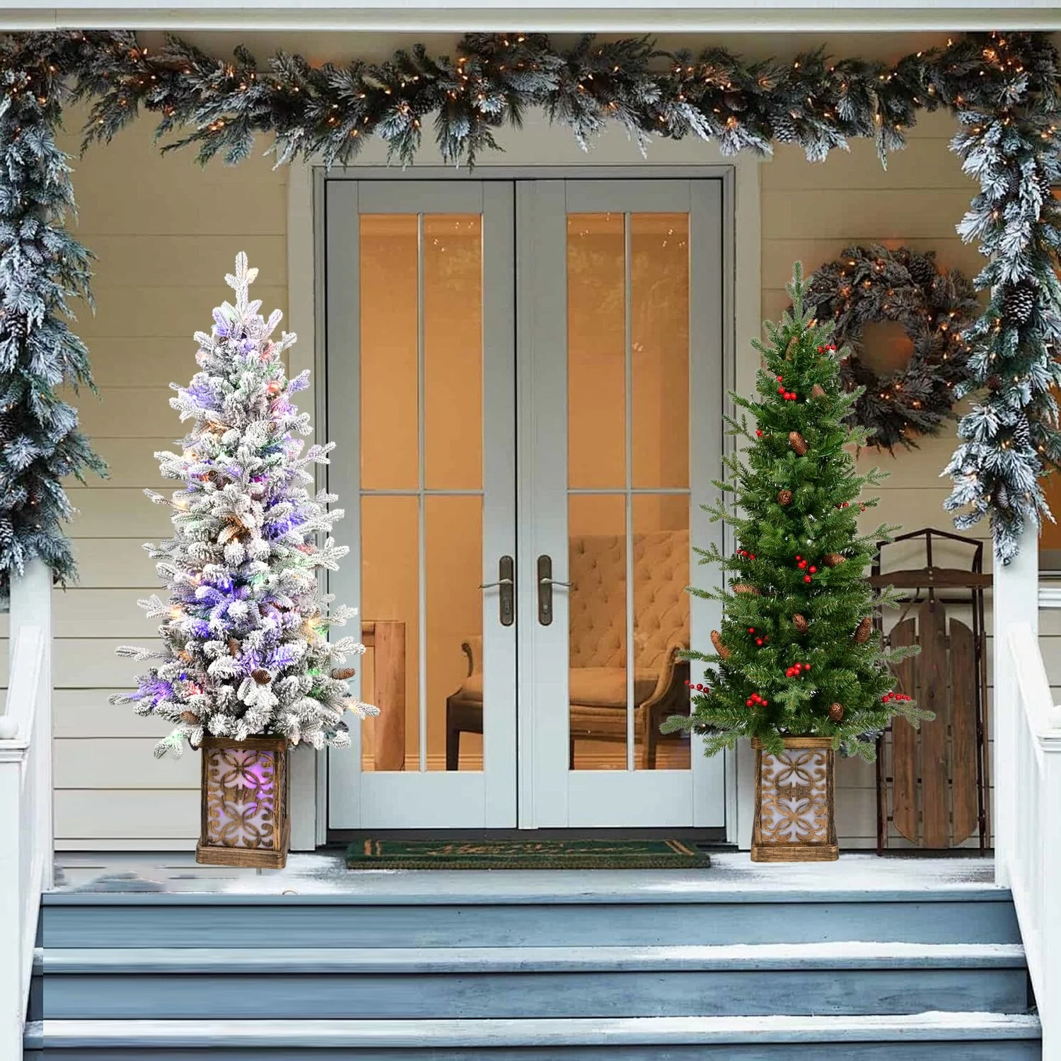 4ft Pre-Lit Green Christmas Tree With Glitter Base-100 Multicolor Led Lights,396 Tips,Red Berries & Pine Coness