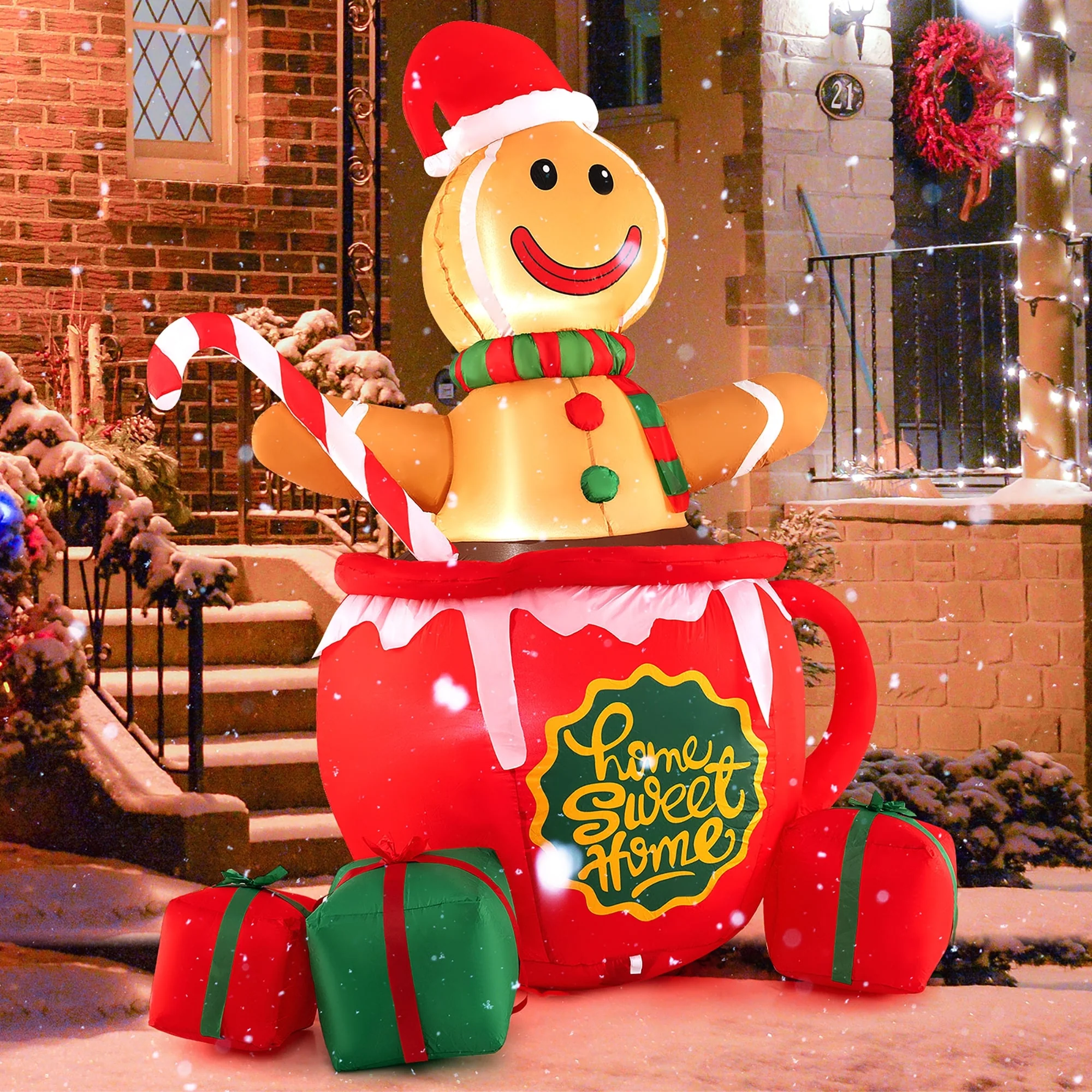Gymax 7 Ft Christmas Inflatable Blow up Pre-Lit Gingerbread Man in Mug - See Details